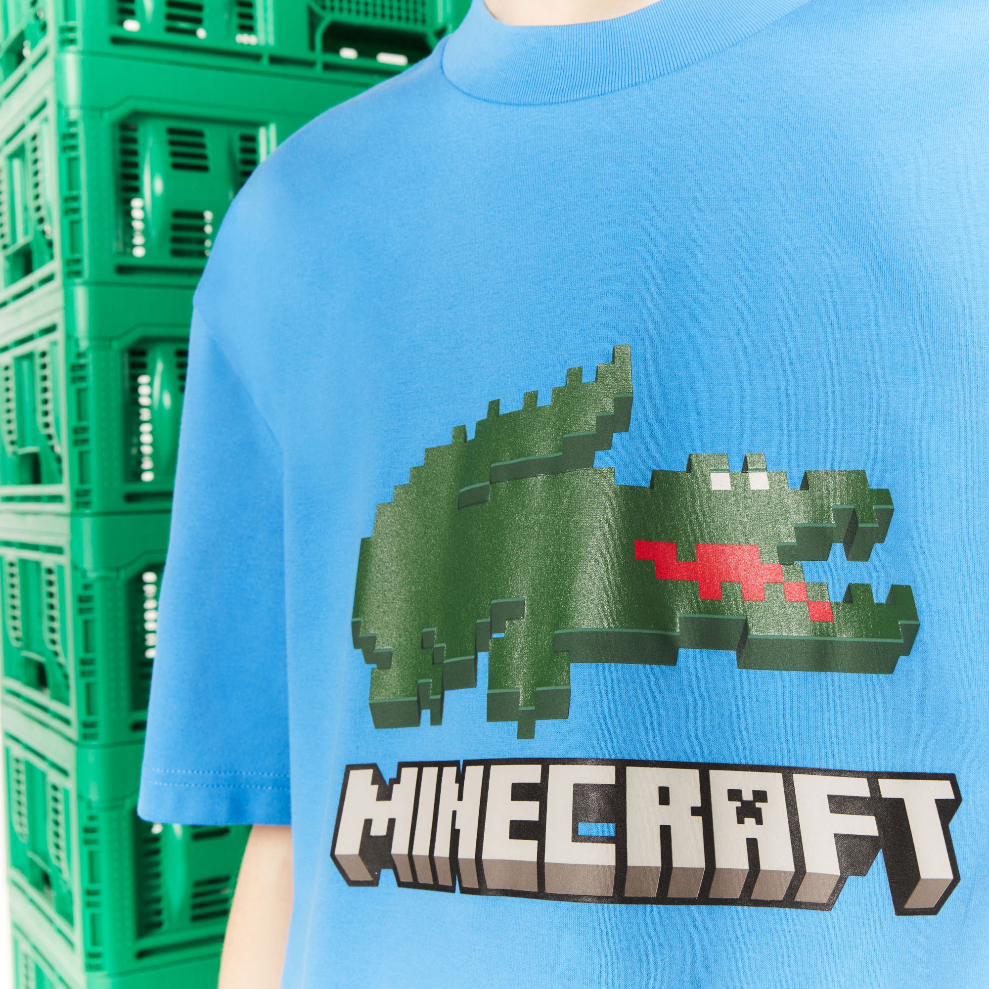 Lacoste X Minecraft Unisex Regular Fit Bisiklet Yaka Baskılı Beyaz T-Shirt