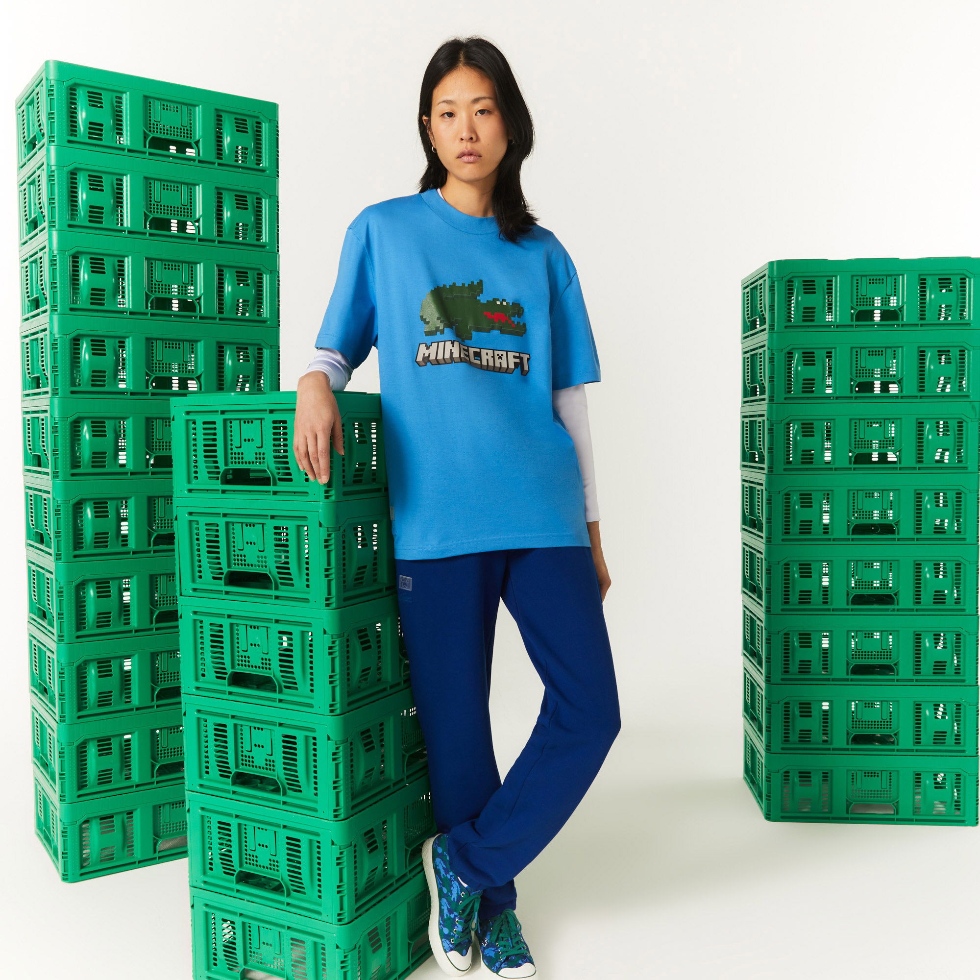 Lacoste X Minecraft Unisex Regular Fit Bisiklet Yaka Baskılı Beyaz T-Shirt