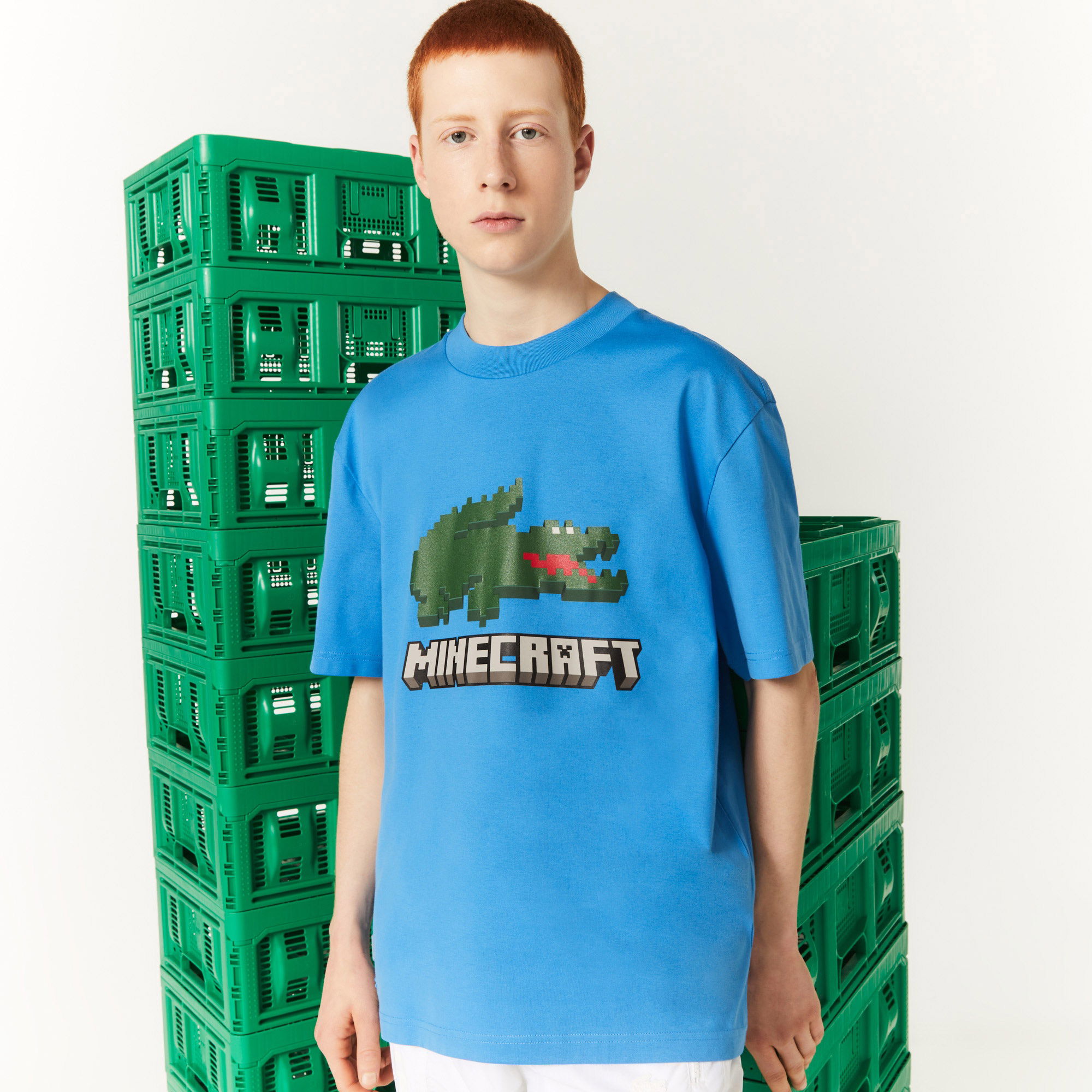 Lacoste X Minecraft Unisex Regular Fit Bisiklet Yaka Baskılı Beyaz T-Shirt
