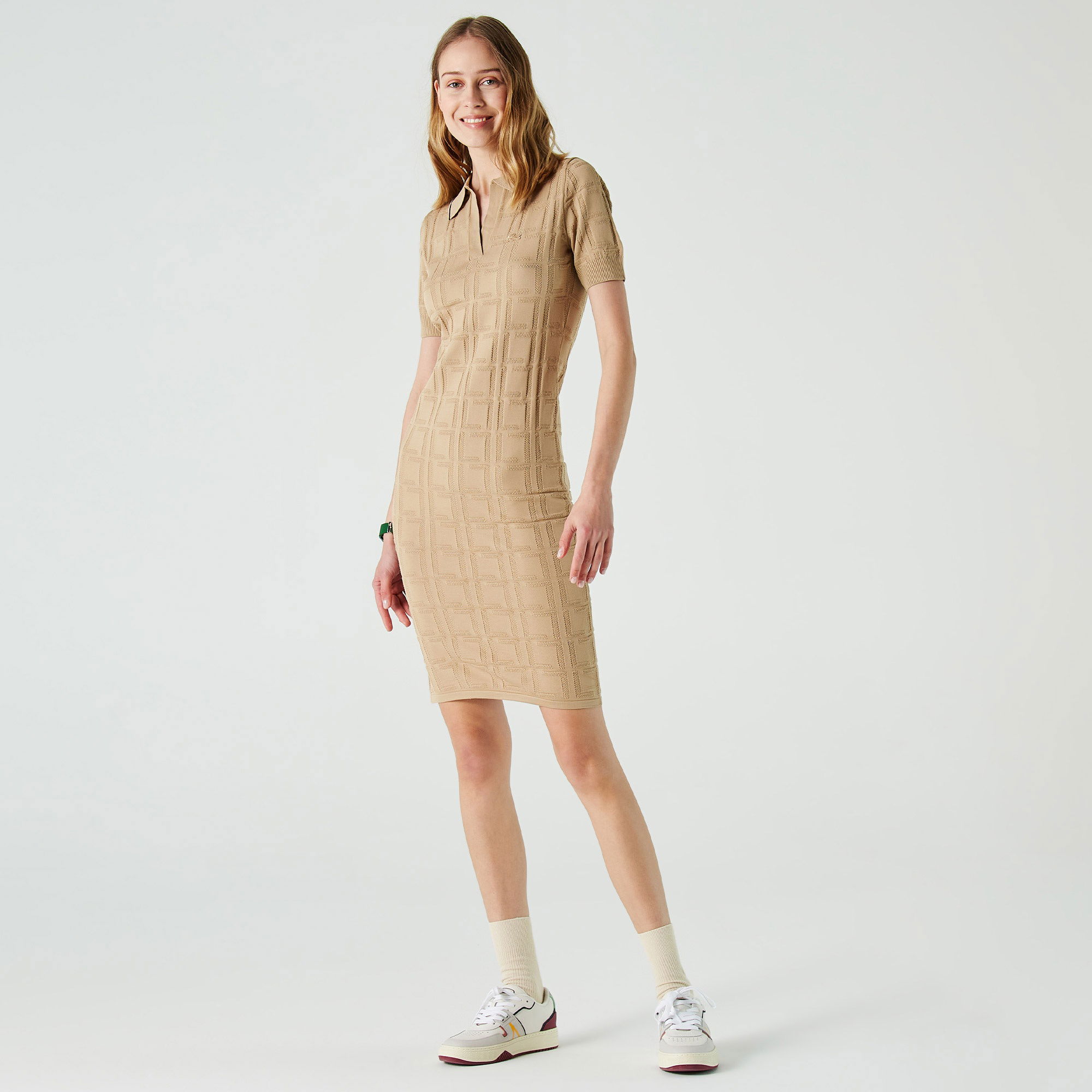 Lacoste Kadın Slim Fit Kısa Kollu Gömlek Yaka Desenli Kahverengi Elbise