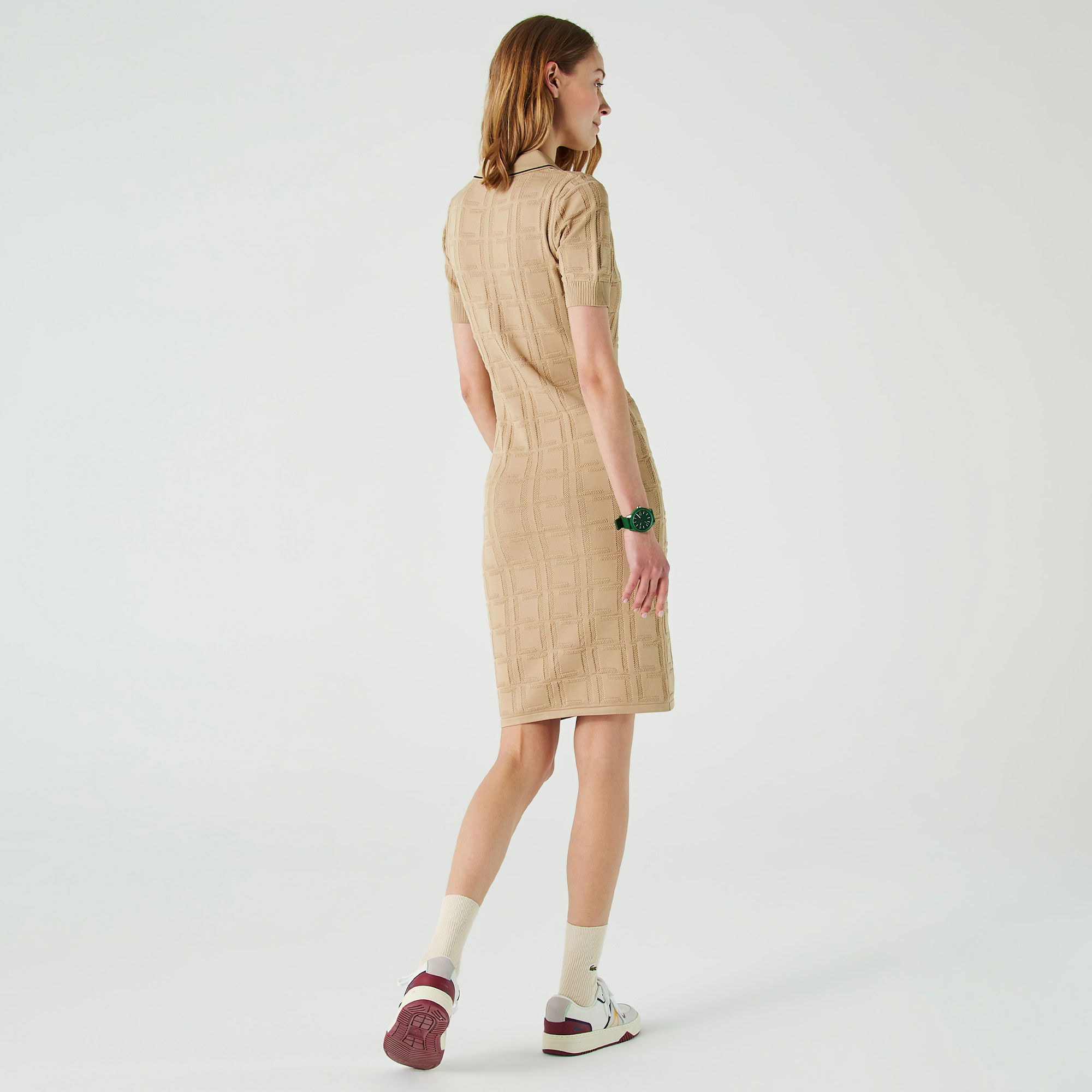 Lacoste Kadın Slim Fit Kısa Kollu Gömlek Yaka Desenli Kahverengi Elbise