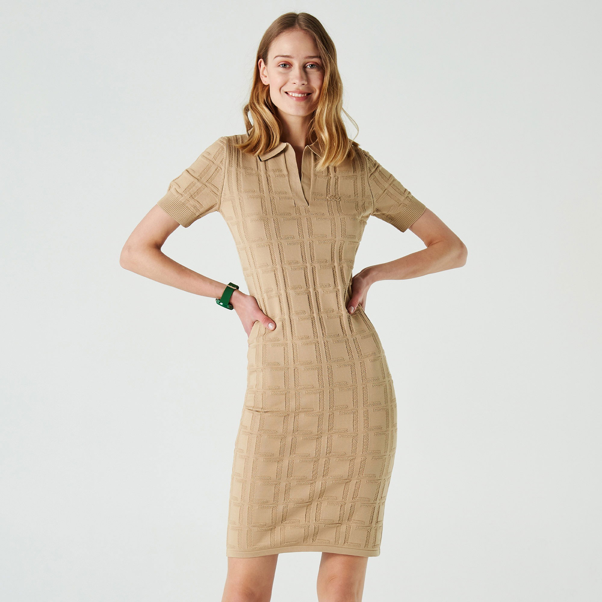 Lacoste Kadın Slim Fit Kısa Kollu Gömlek Yaka Desenli Kahverengi Elbise