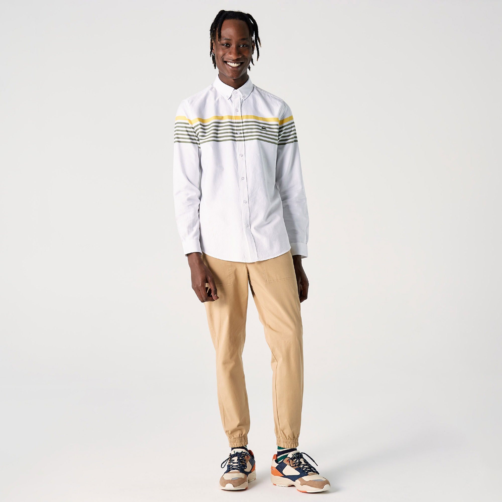 Lacoste Erkek Slim Fit Çizgili Beyaz Gömlek