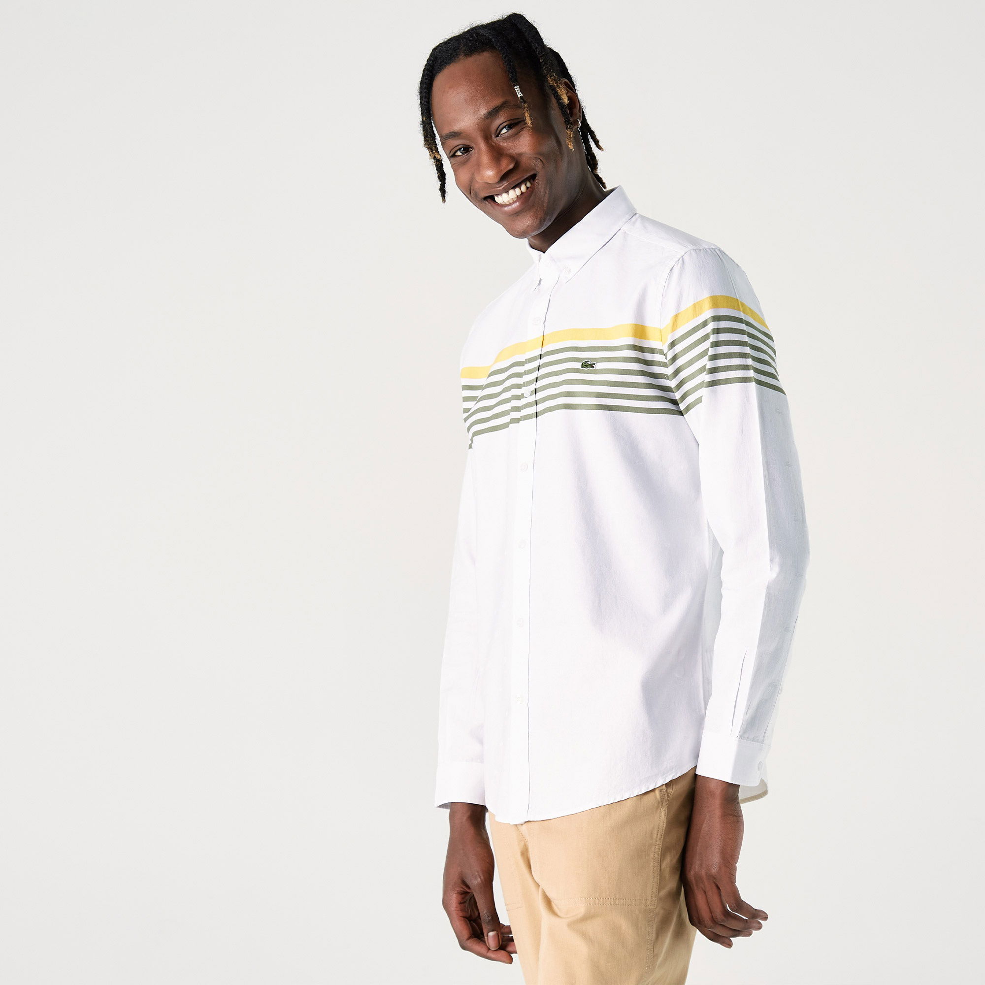 Lacoste Erkek Slim Fit Çizgili Beyaz Gömlek