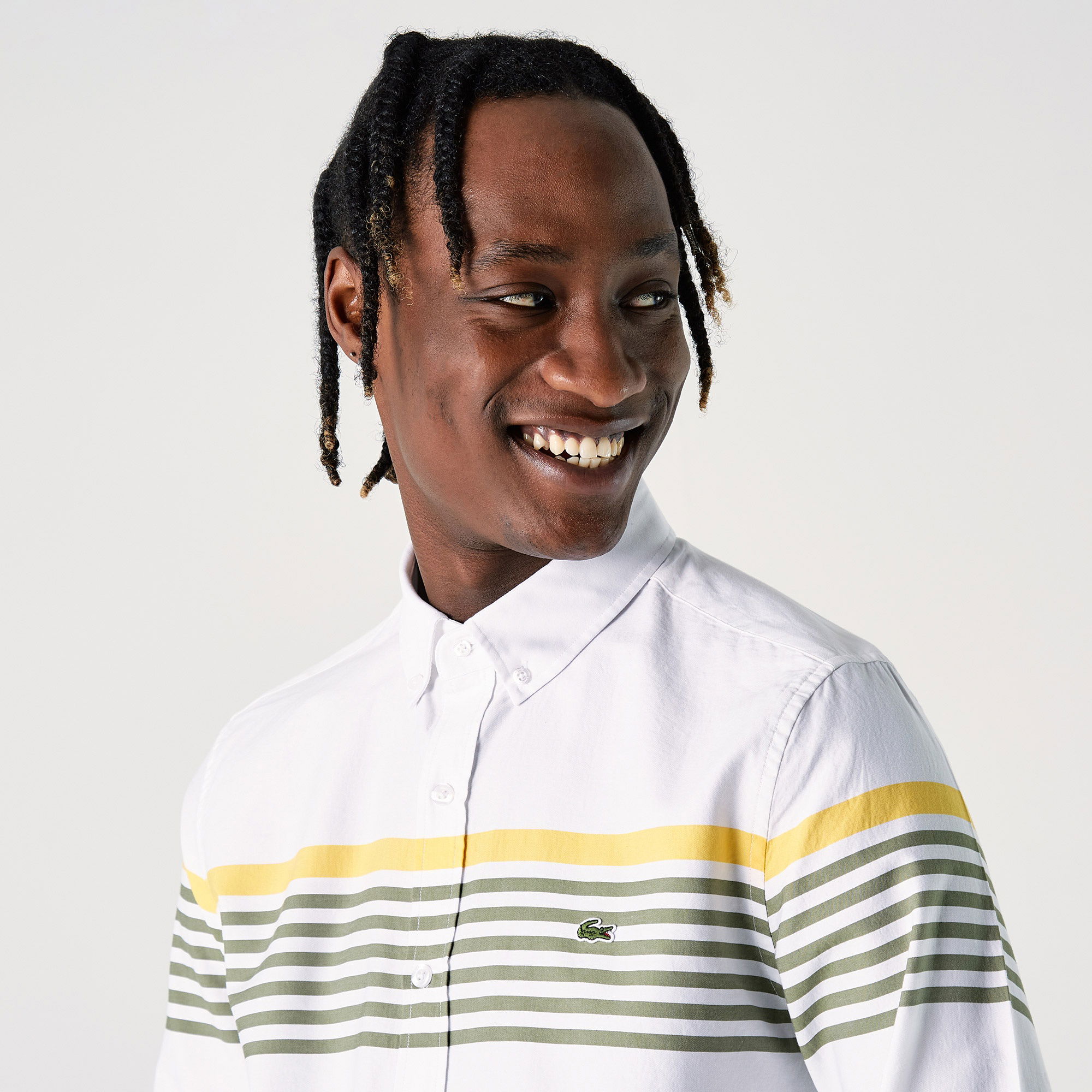 Lacoste Erkek Slim Fit Çizgili Beyaz Gömlek