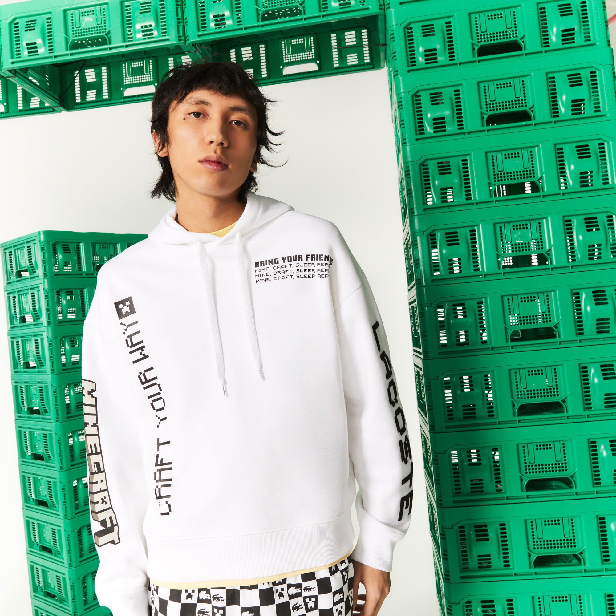Lacoste X Minecraft Erkek Relaxed Fit Kapüşonlu Baskılı Beyaz Sweatshirt