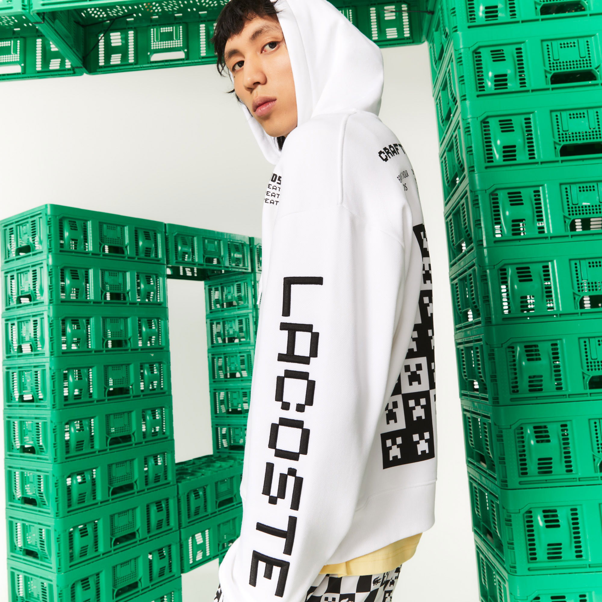 Lacoste X Minecraft Erkek Relaxed Fit Kapüşonlu Baskılı Beyaz Sweatshirt