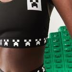Lacoste X Minecraft Kadın Bisiklet Yaka Baskılı Siyah Crop Top