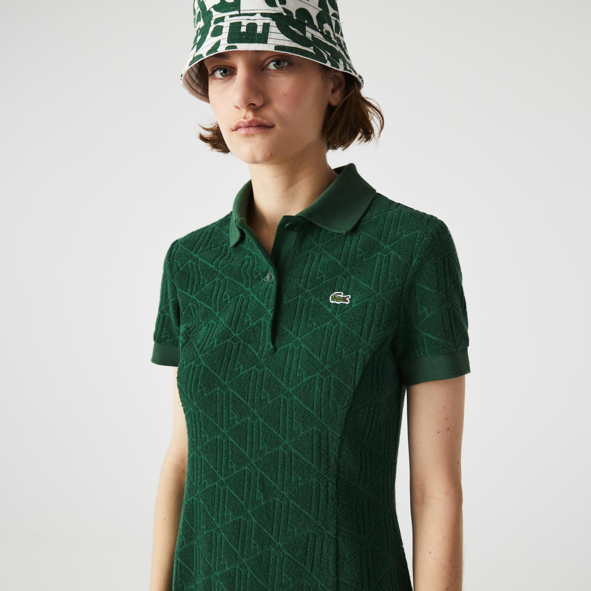 Lacoste L!VE Kadın Regular Fit Kısa Kollu Polo Yaka Desenli Yeşil Elbise