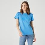 Lacoste Kadın Slim Fit Bisiklet Yaka Baskılı Mavi T-Shirt