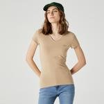 Lacoste Kadın Slim Fit V Yaka Bej T-Shirt