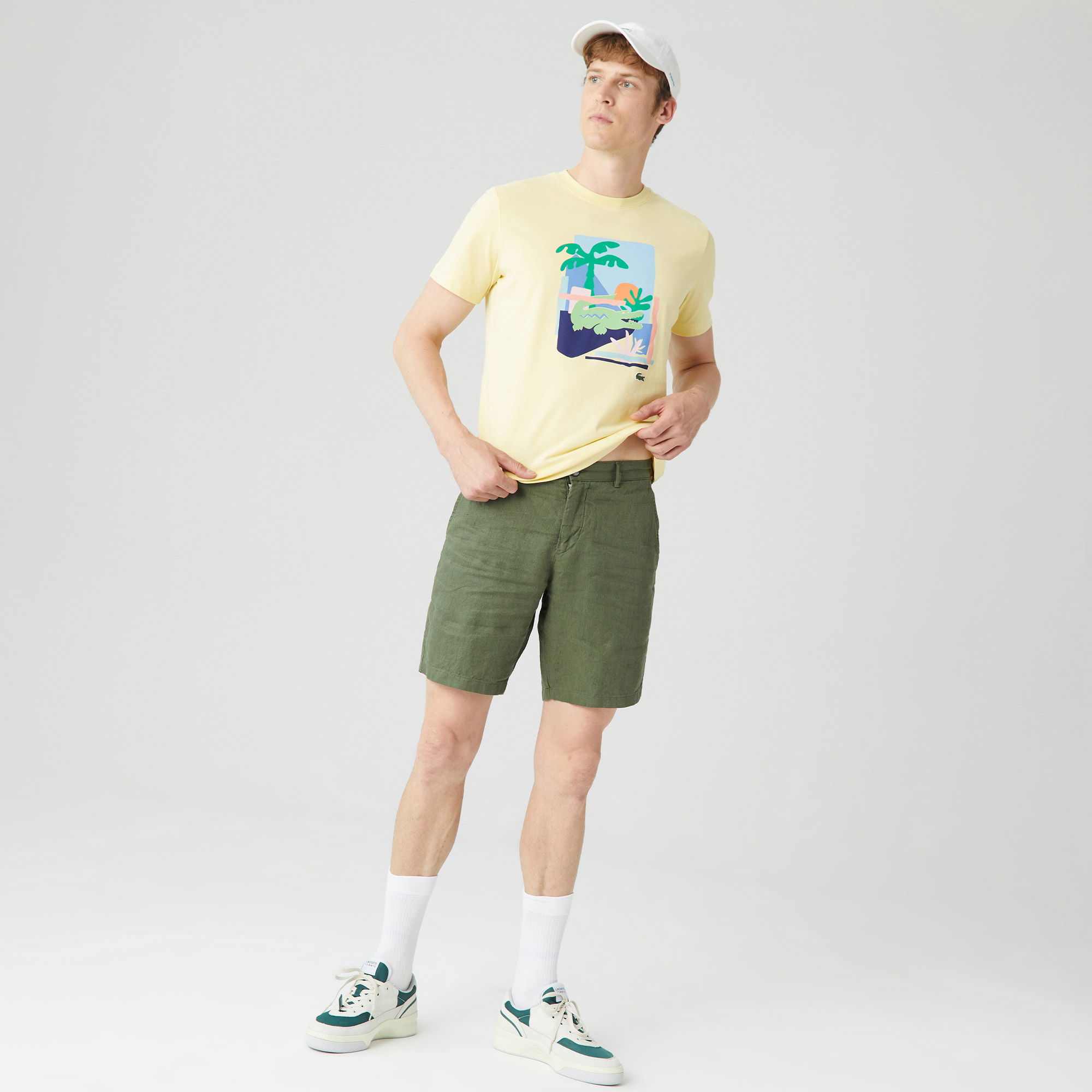 Lacoste Erkek Slim Fit Keten Yeşil Bermuda