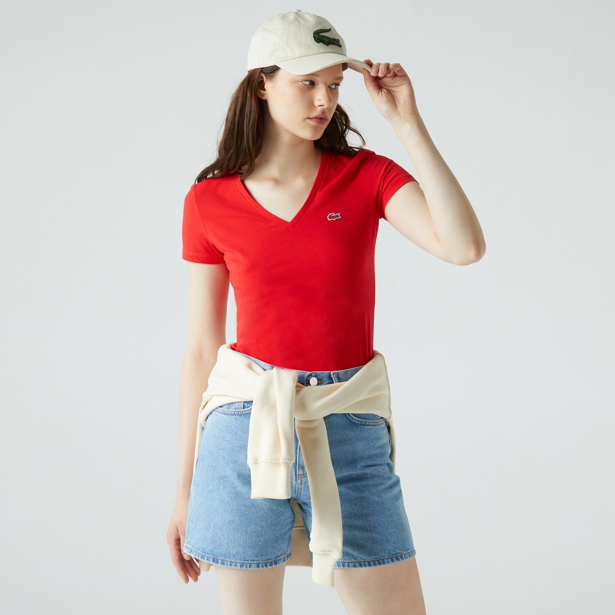 Lacoste Kadın Slim Fit V Yaka Kırmızı T-Shirt
