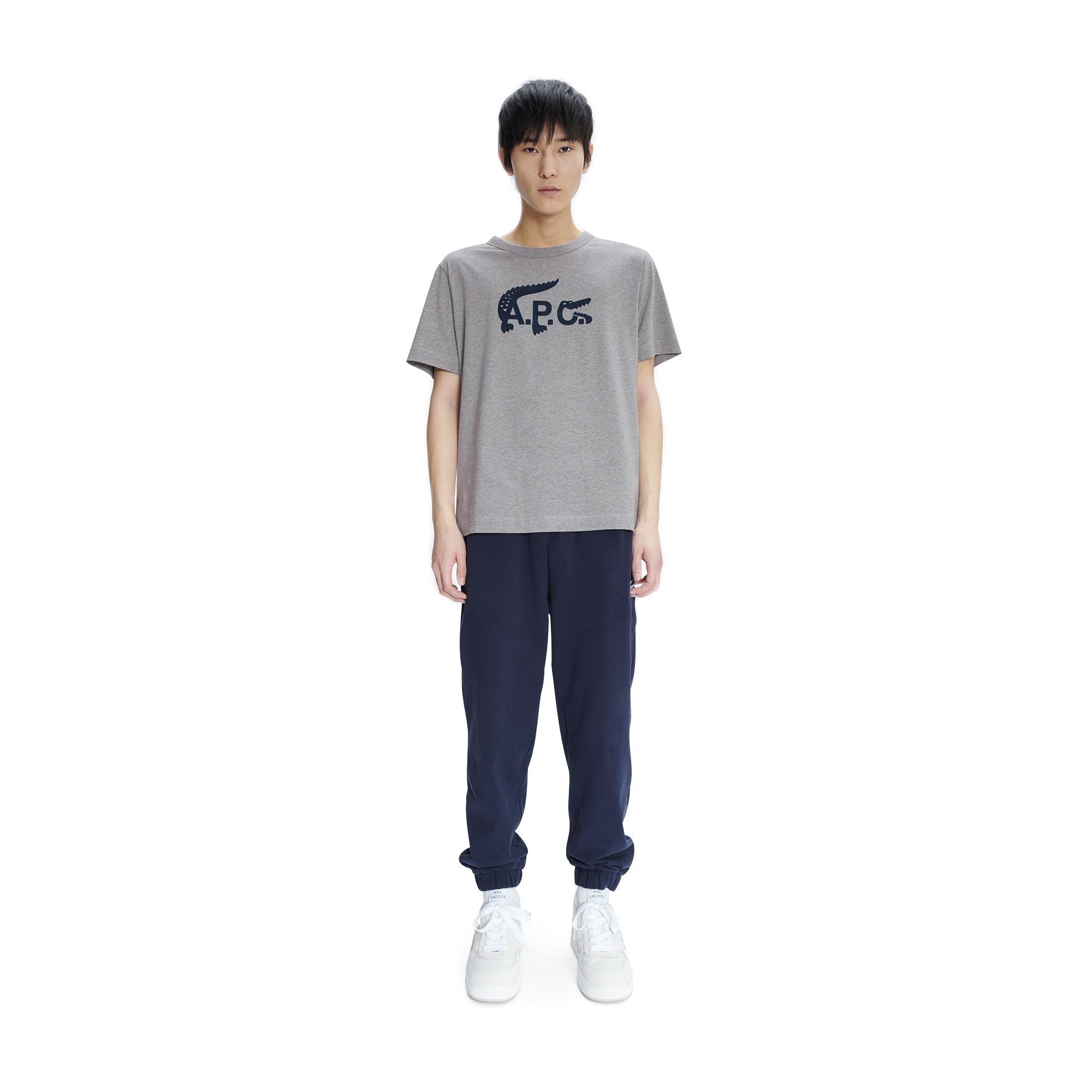Lacoste X A.P.C Unisex Relaxed Fit Bisiklet Yaka Baskılı Gri T-Shirt