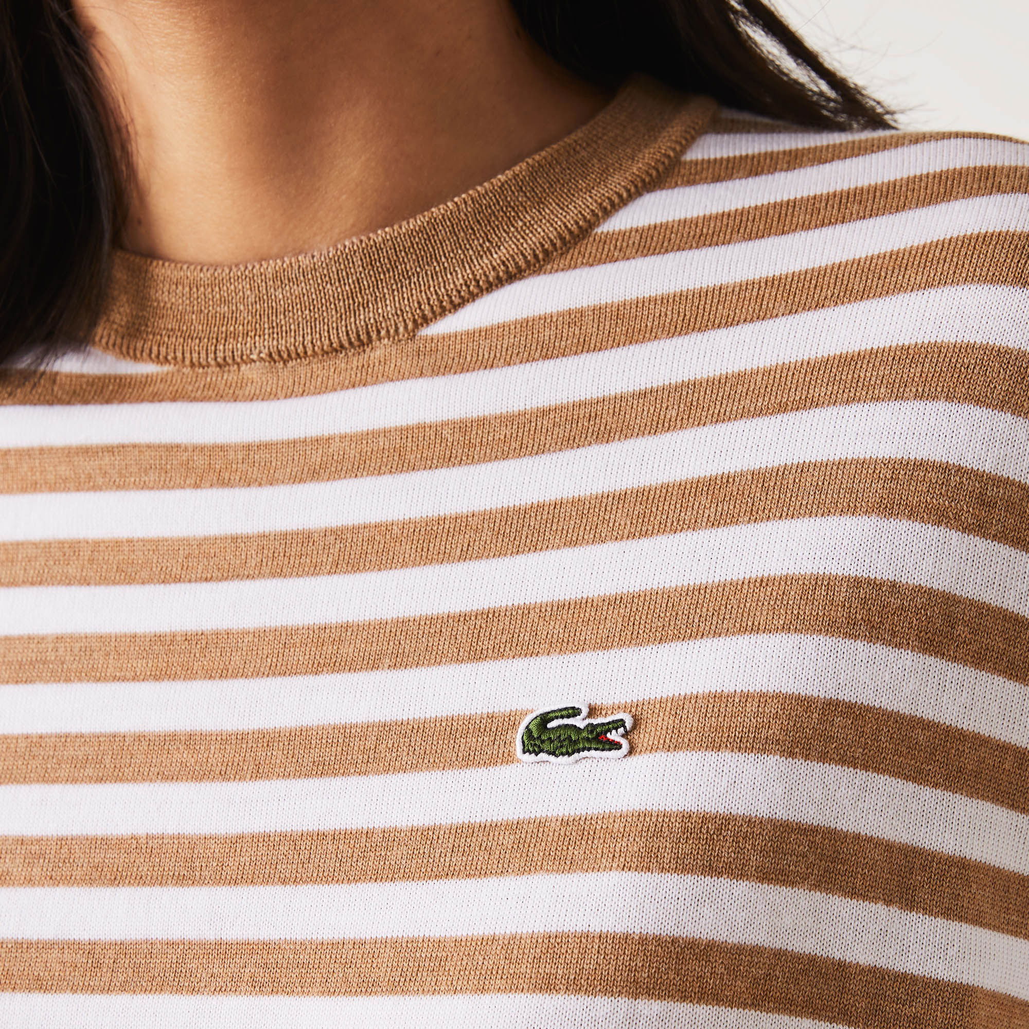 Lacoste Kadın Bisiklet Yaka Çizgili Yün Bej Kazak