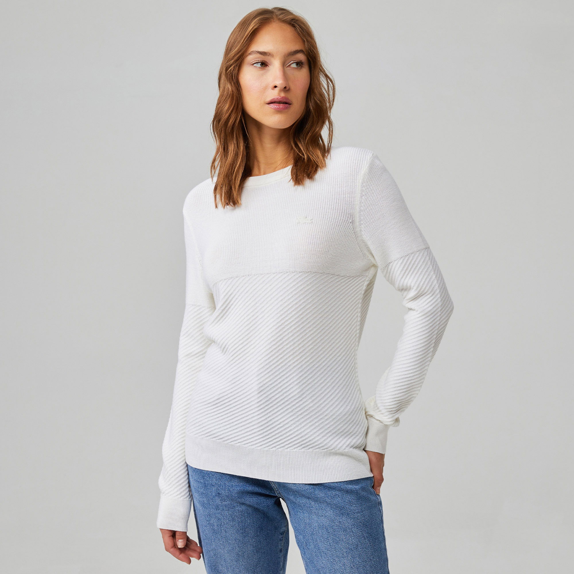 Lacoste Kadın Bisiklet Yaka Yün Beyaz Kazak