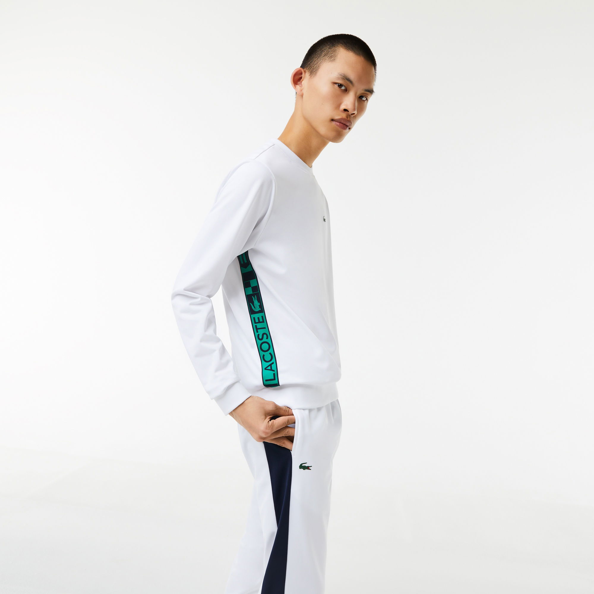 Lacoste SPORT Erkek Classic Fit Bisiklet Yaka Baskılı Beyaz Sweatshirt