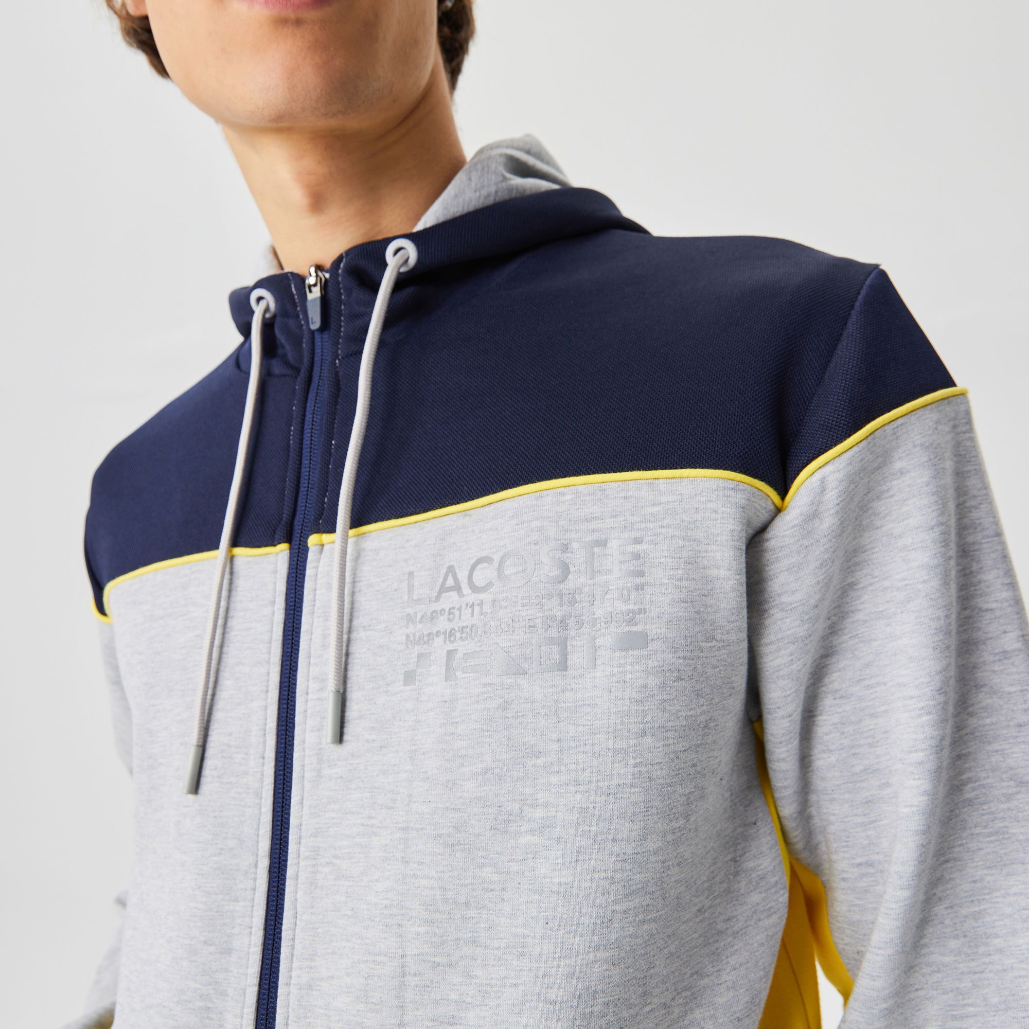 Lacoste Erkek Slim Fit Ayarlanabilir Kapüşonlu Baskılı Renk Bloklu Gri Sweatshirt
