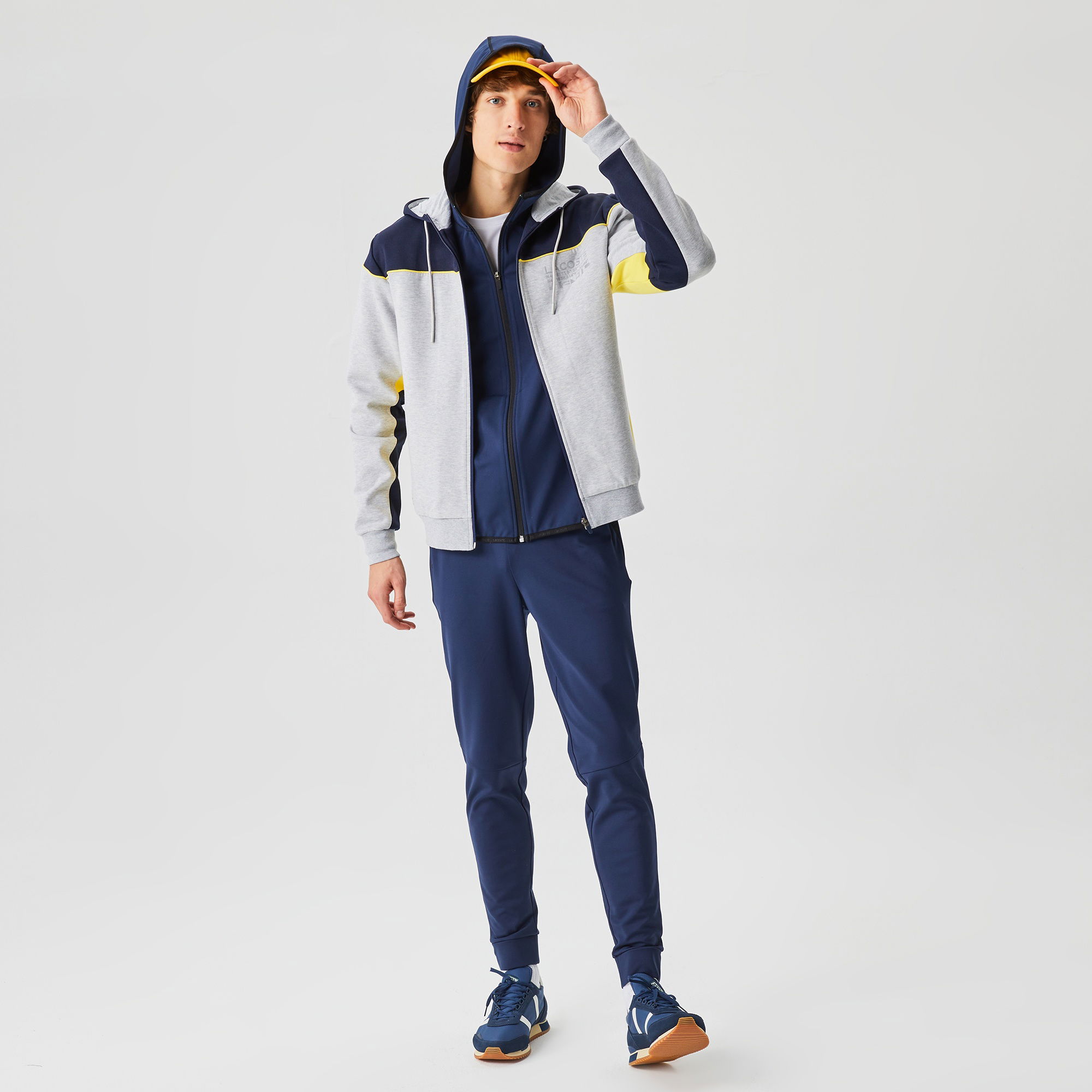 Lacoste Erkek Slim Fit Ayarlanabilir Kapüşonlu Baskılı Renk Bloklu Gri Sweatshirt