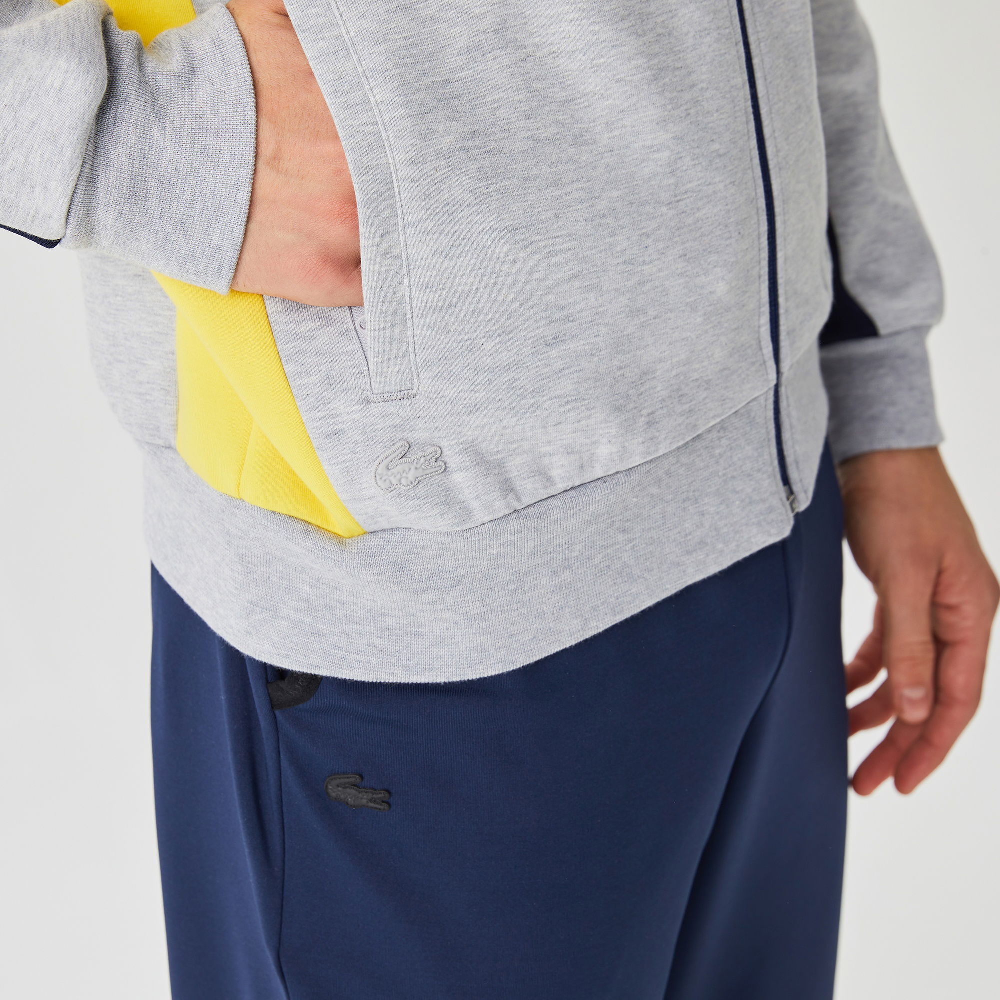 Lacoste Erkek Slim Fit Ayarlanabilir Kapüşonlu Baskılı Renk Bloklu Gri Sweatshirt