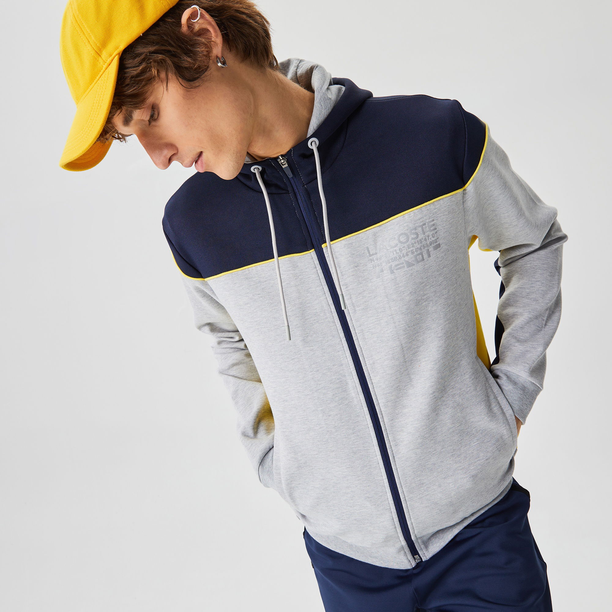 Lacoste Erkek Slim Fit Ayarlanabilir Kapüşonlu Baskılı Renk Bloklu Gri Sweatshirt
