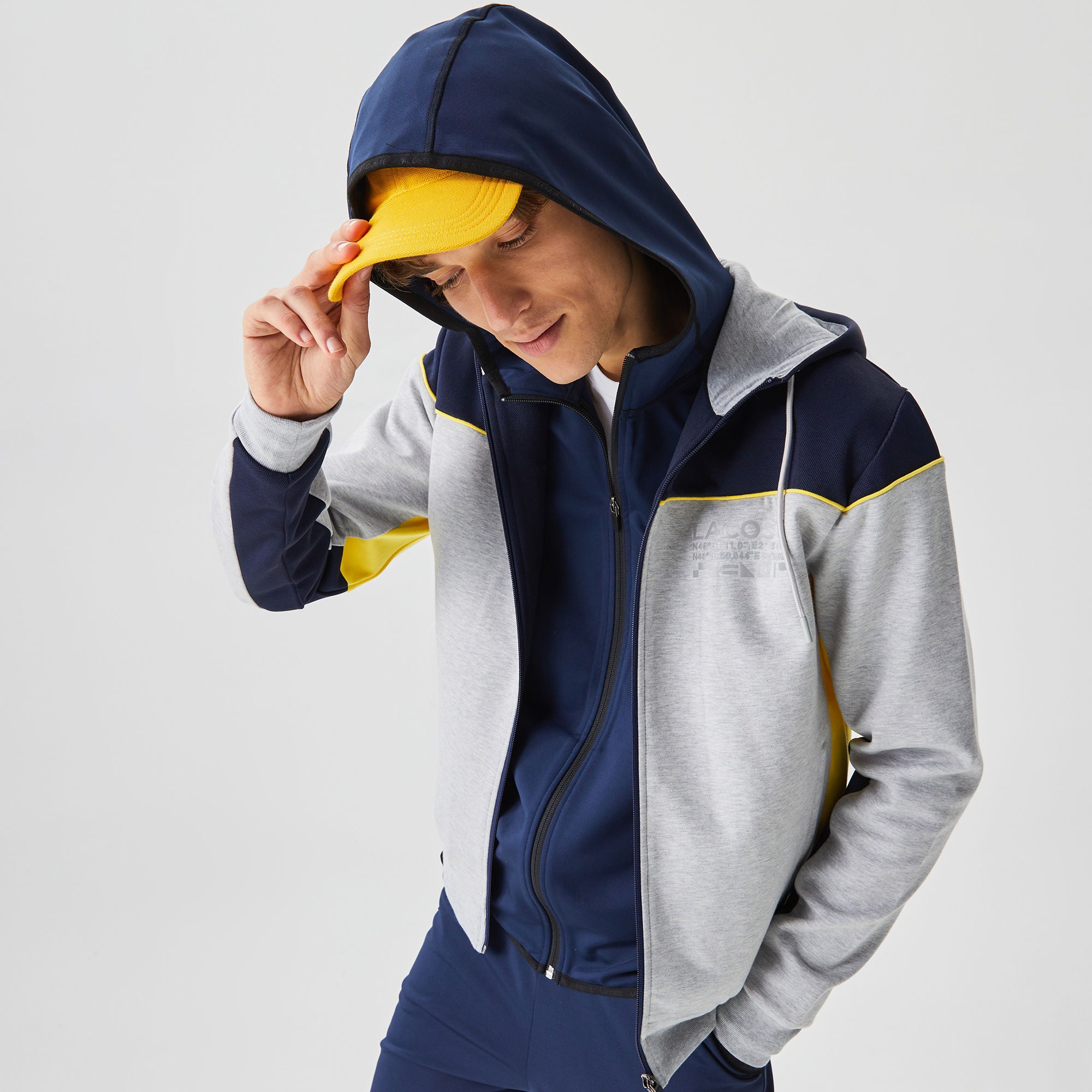 Lacoste Erkek Slim Fit Ayarlanabilir Kapüşonlu Baskılı Renk Bloklu Gri Sweatshirt