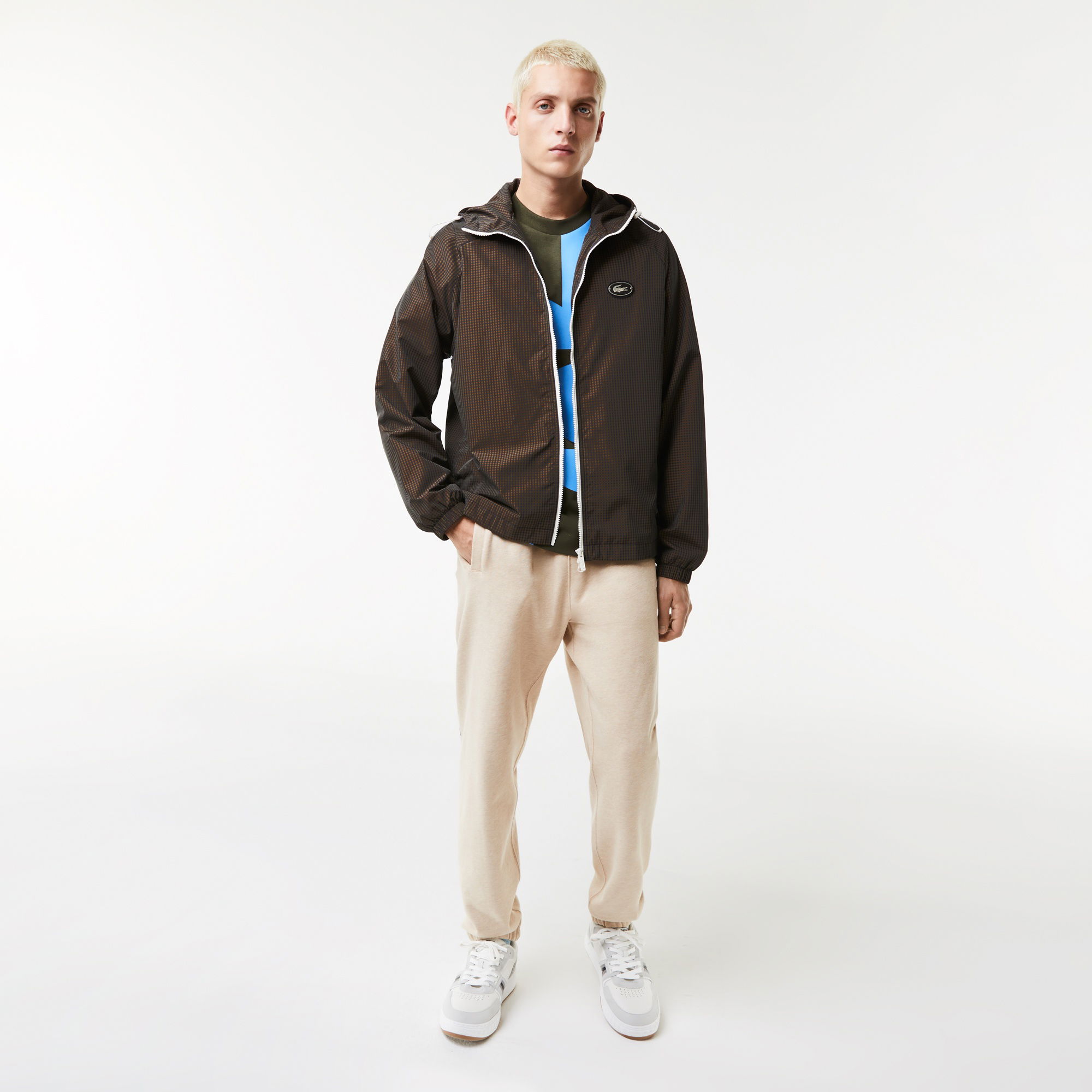 Lacoste Erkek Kapüşonlu Ekose Kahverengi Mont