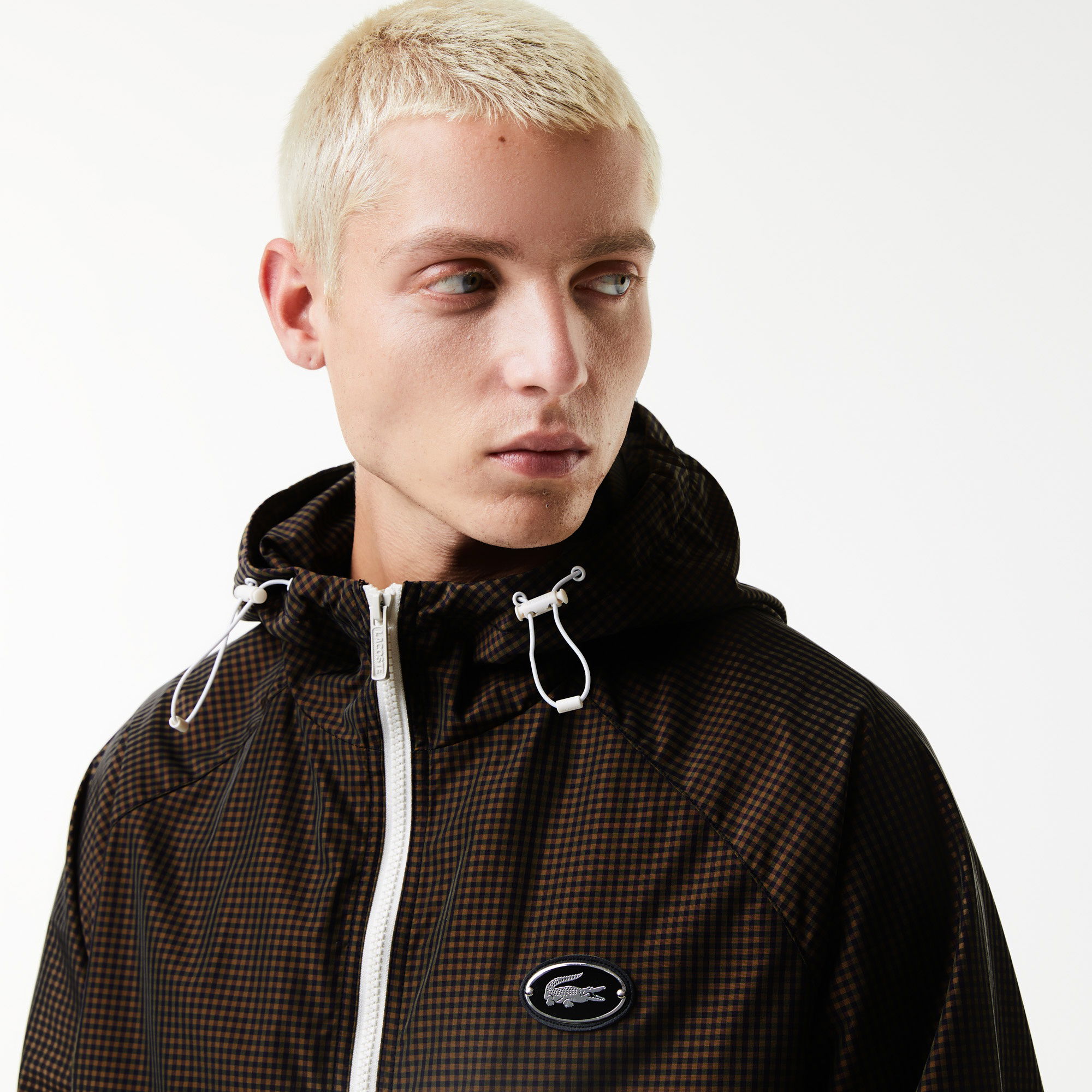 Lacoste Erkek Kapüşonlu Ekose Kahverengi Mont
