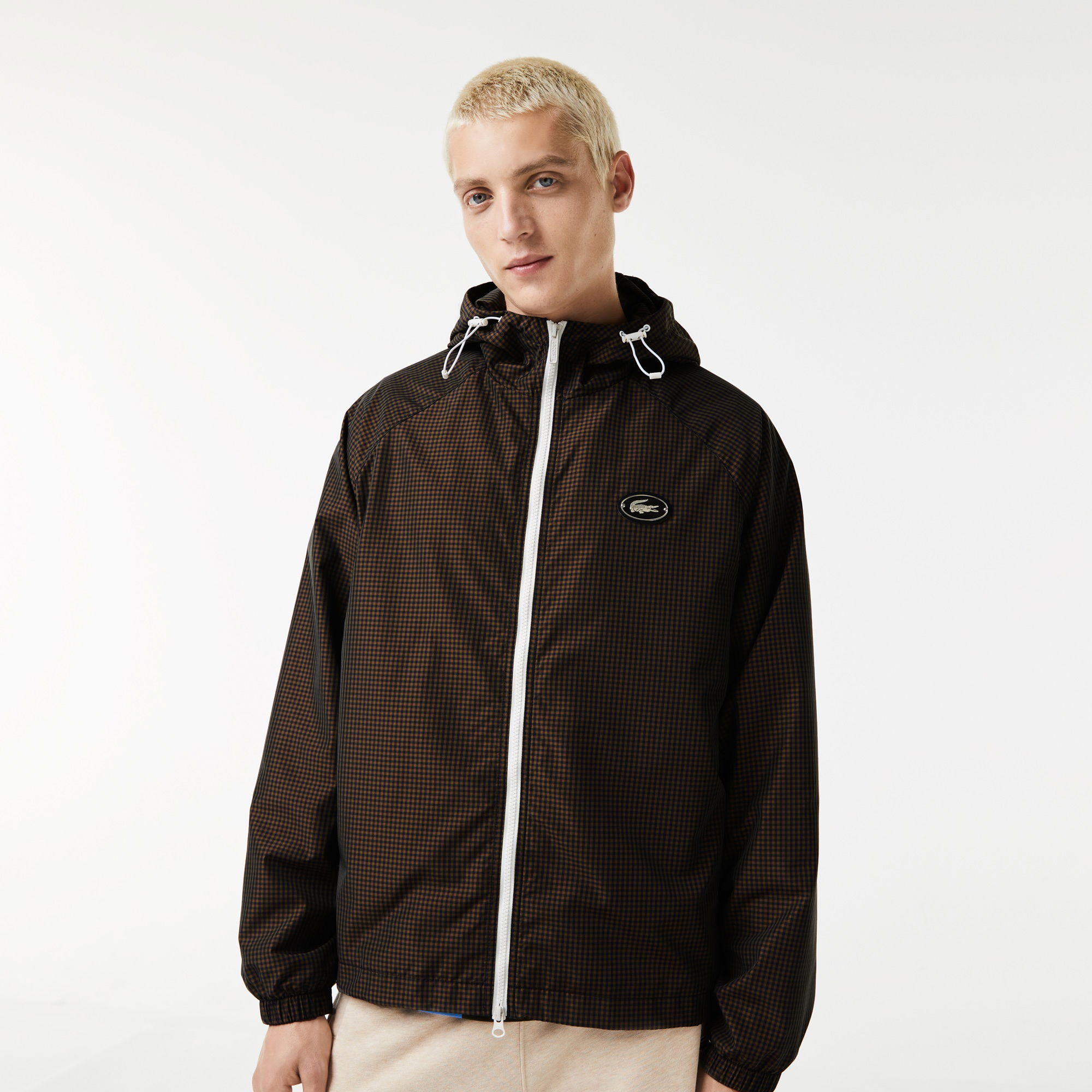 Lacoste Erkek Kapüşonlu Ekose Kahverengi Mont