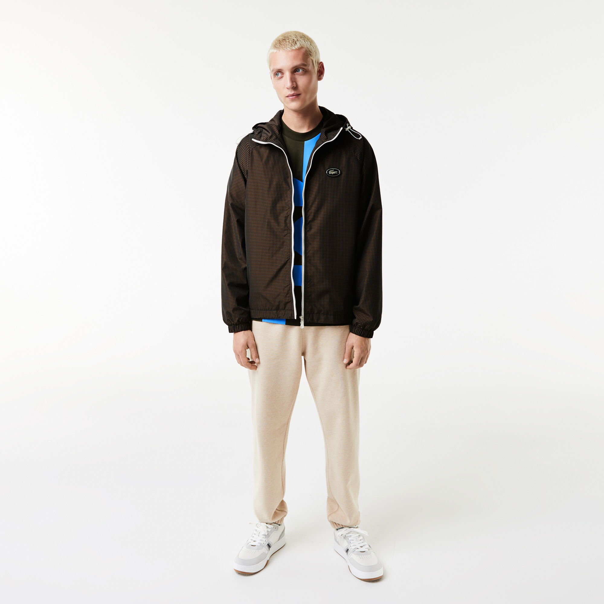 Lacoste Erkek Kapüşonlu Ekose Kahverengi Mont