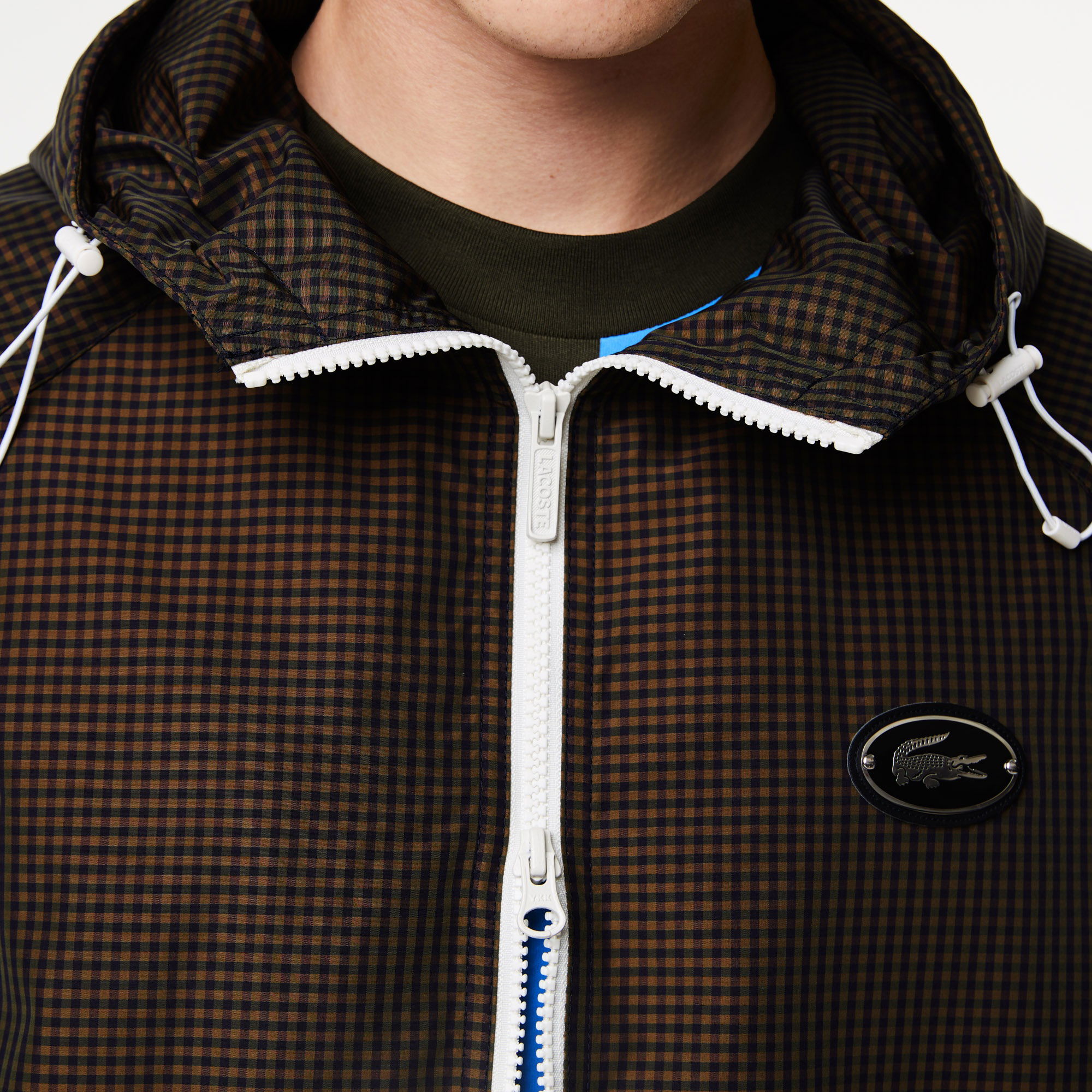 Lacoste Erkek Kapüşonlu Ekose Kahverengi Mont