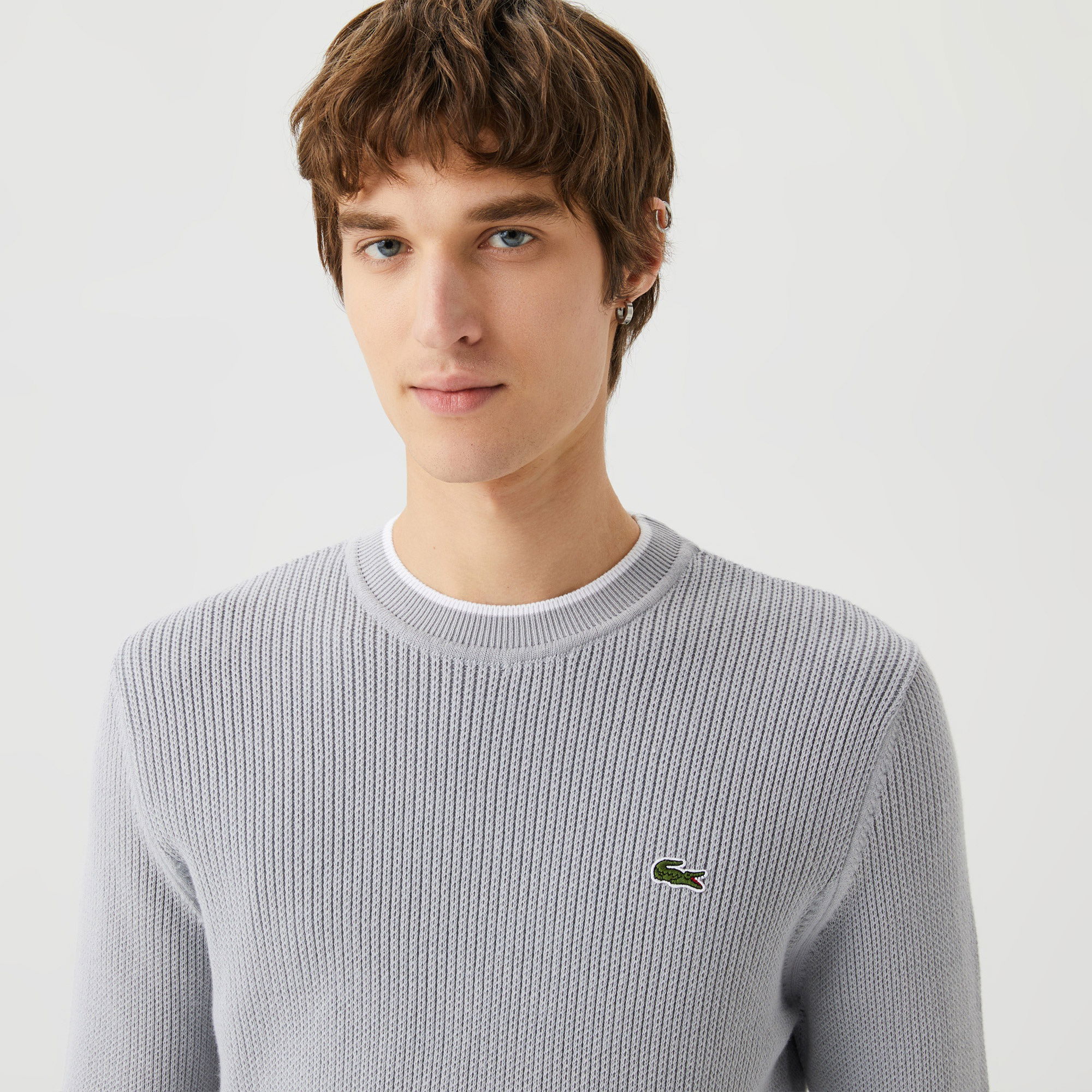 Lacoste Erkek Bisiklet Yaka Çizgili Gri Kazak