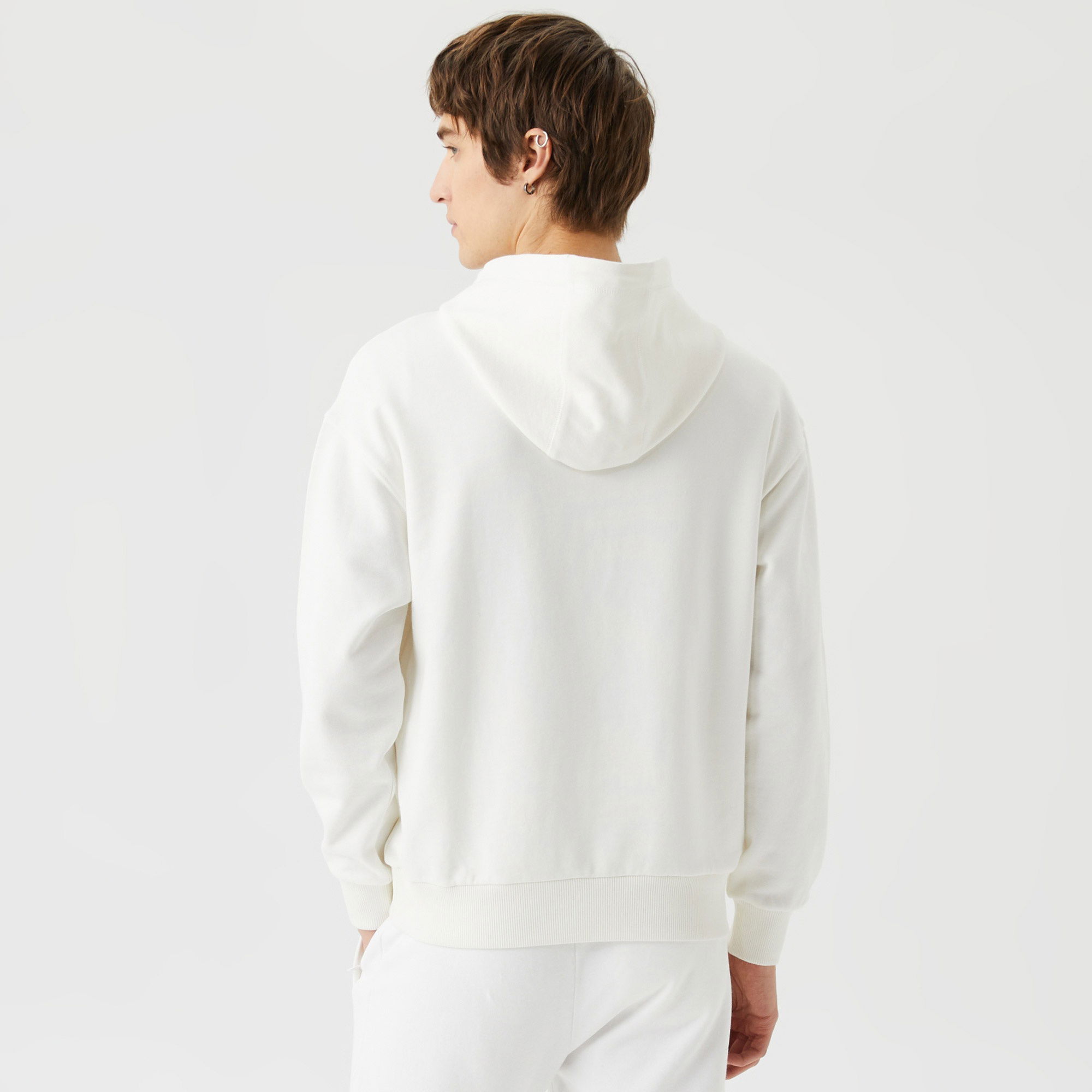 Lacoste Unisex Relaxed Fit Kapüşonlu Baskılı Beyaz Sweatshirt