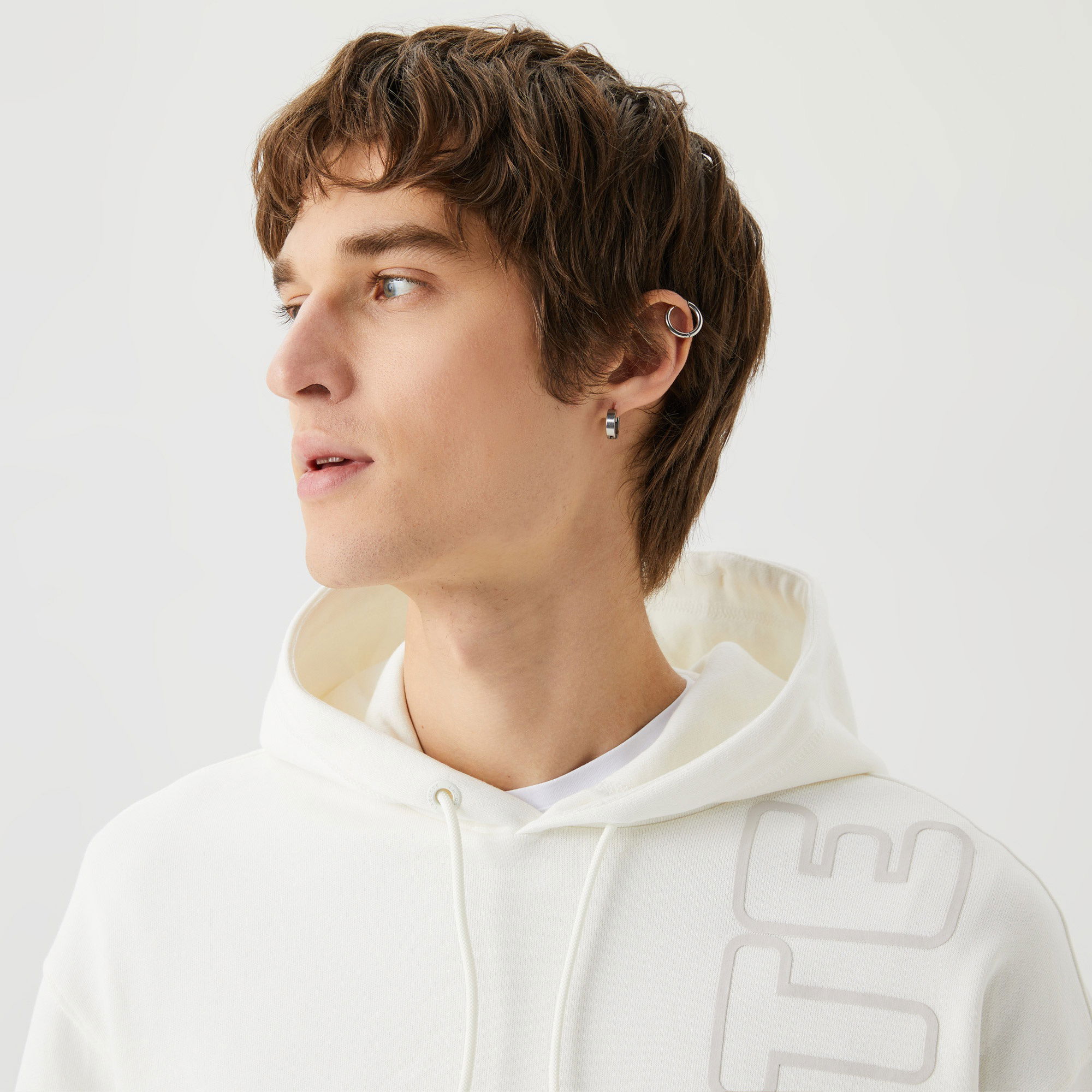 Lacoste Unisex Relaxed Fit Kapüşonlu Baskılı Beyaz Sweatshirt