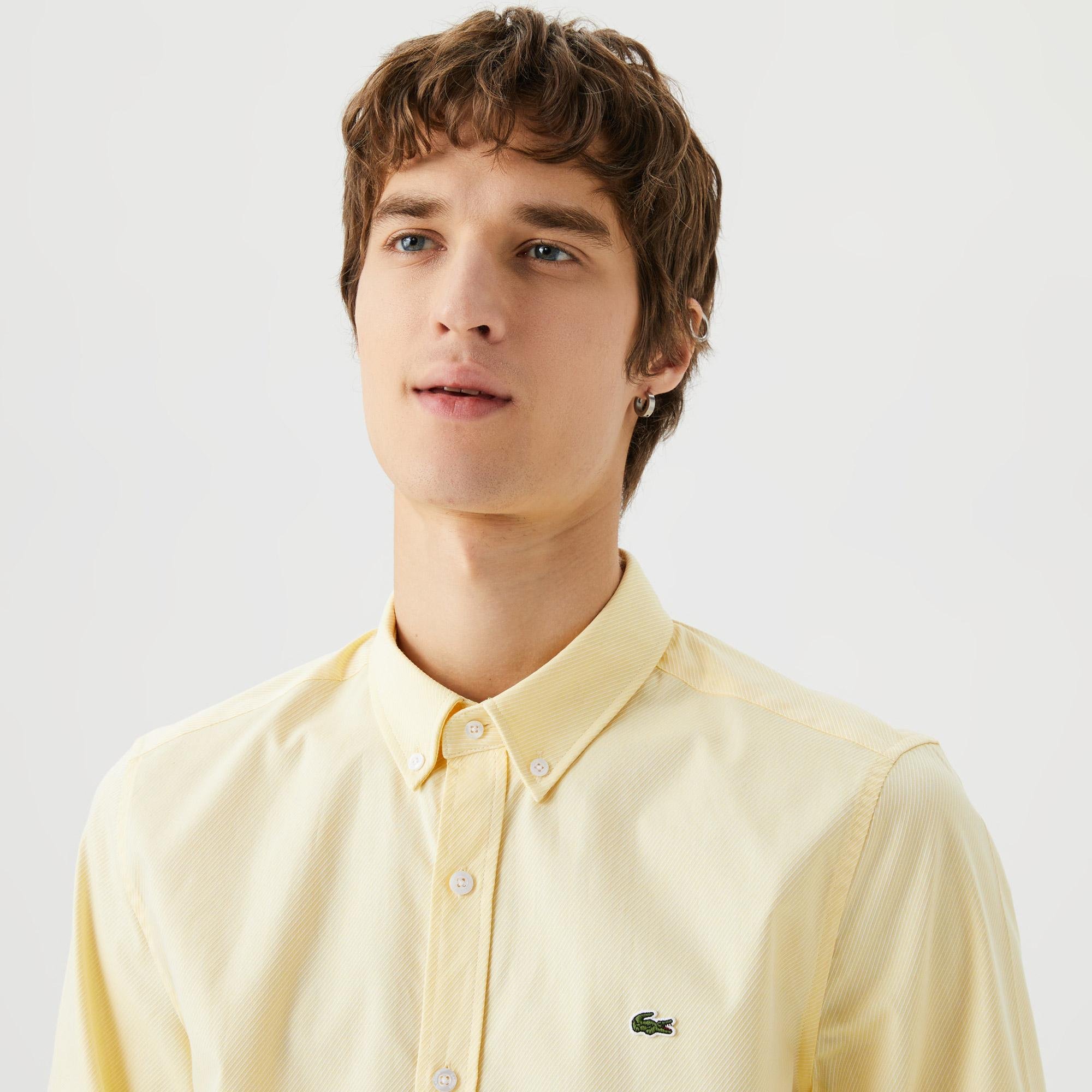 Lacoste Erkek Slim Fit Düğmeli Yaka Sarı Gömlek. 4
