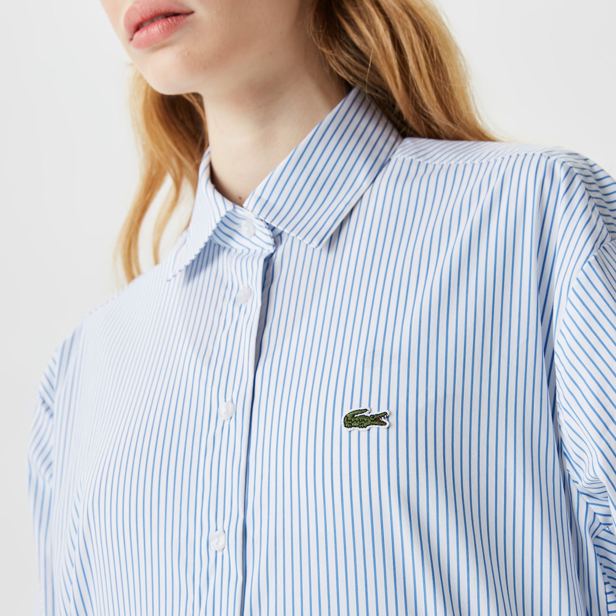 Lacoste Kadın Oversize Uzun Kollu Çizgili Mavi Gömlek