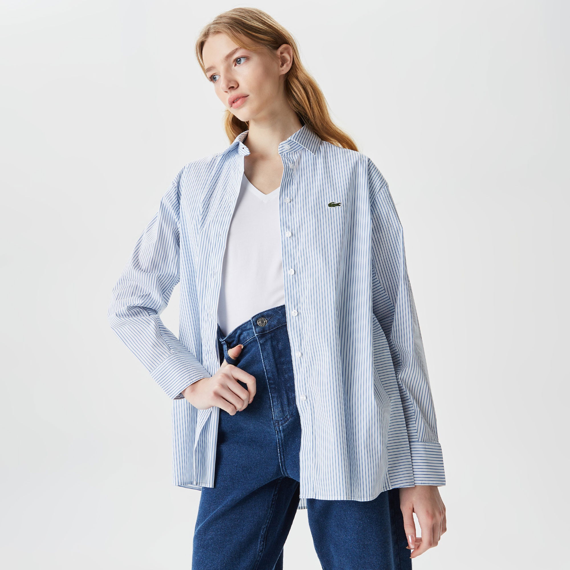 Lacoste Kadın Oversize Uzun Kollu Çizgili Mavi Gömlek