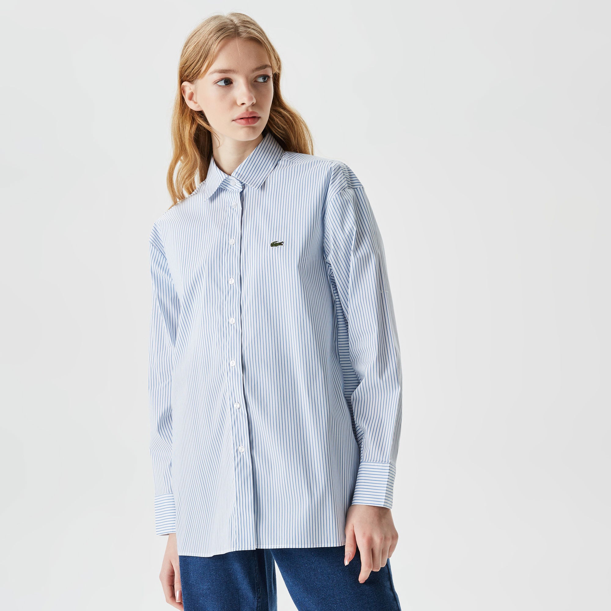 Lacoste Kadın Oversize Uzun Kollu Çizgili Mavi Gömlek