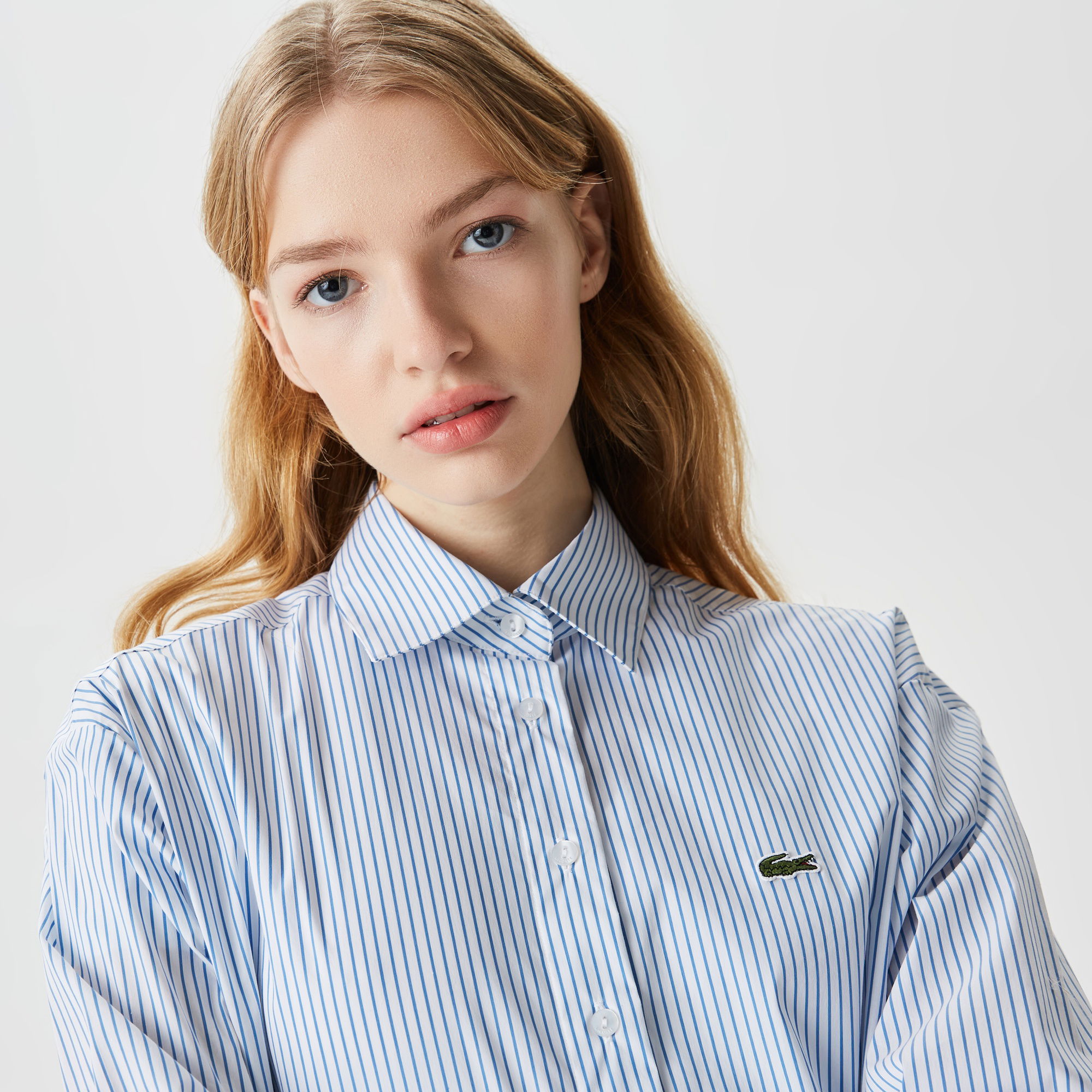 Lacoste Kadın Oversize Uzun Kollu Çizgili Mavi Gömlek