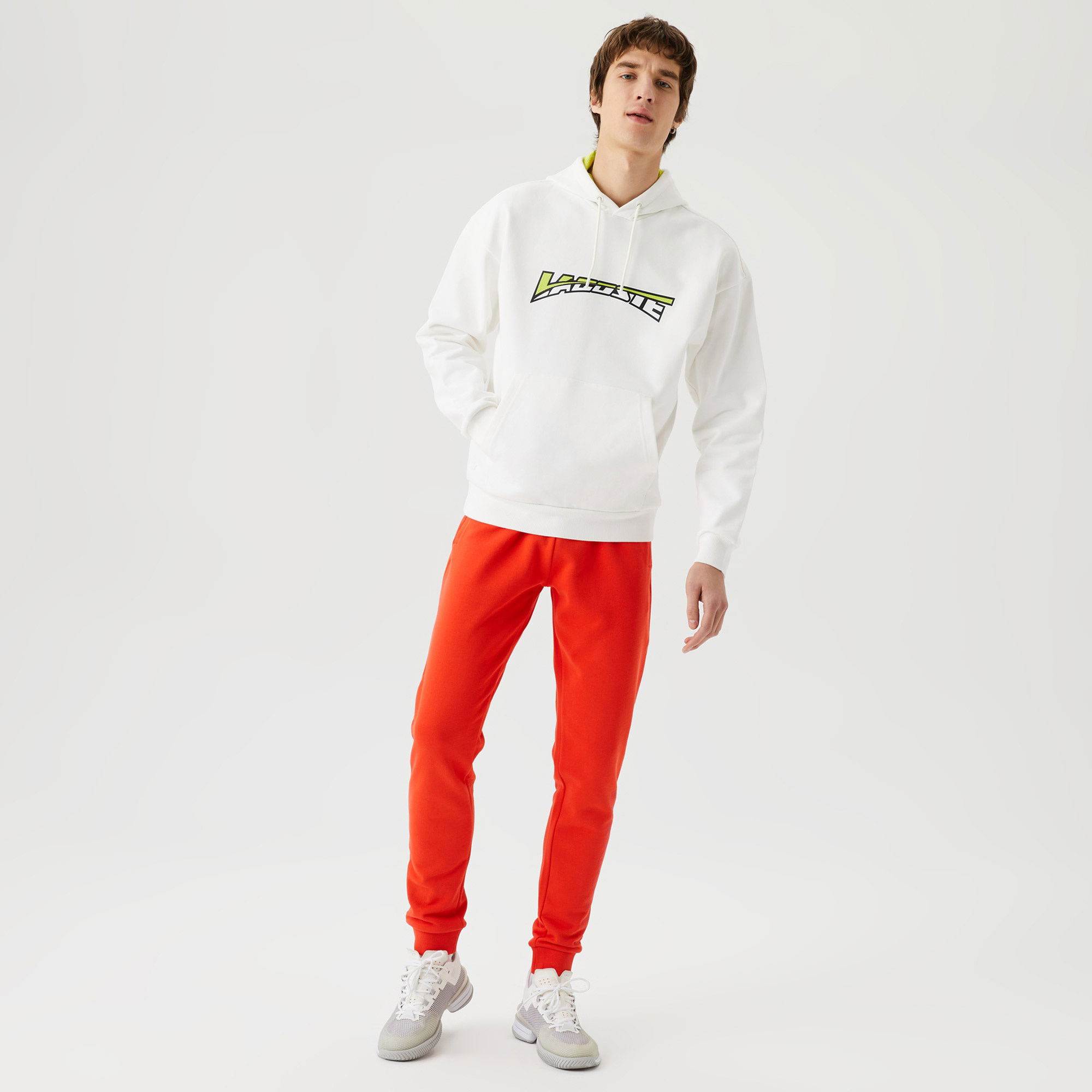 Lacoste Erkek Relaxed Fit Kapüşonlu Baskılı Beyaz Sweatshirt