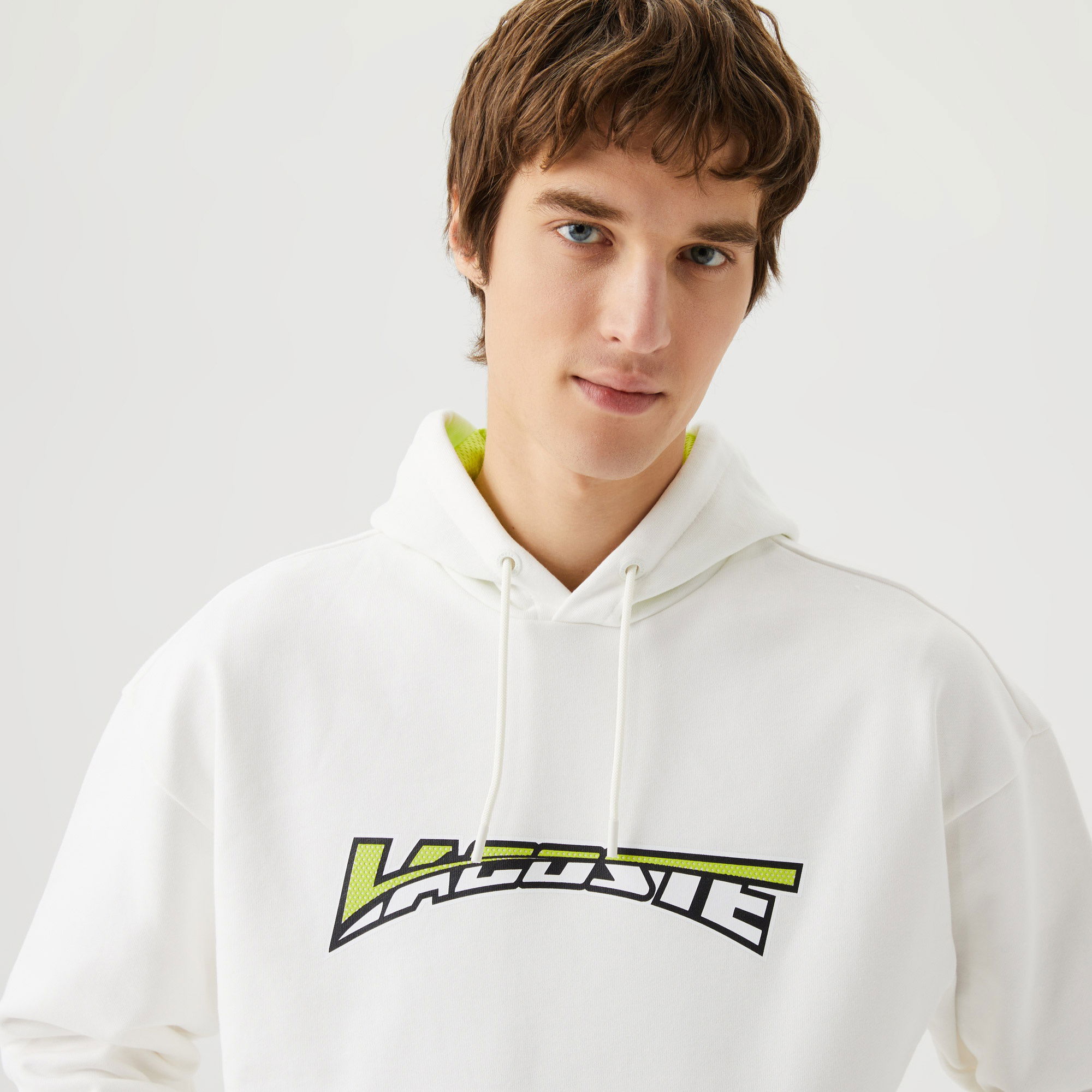 Lacoste Erkek Relaxed Fit Kapüşonlu Baskılı Beyaz Sweatshirt