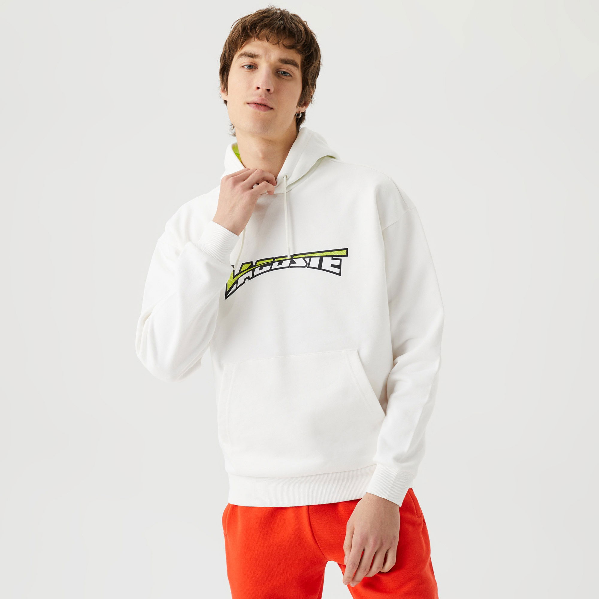 Lacoste Erkek Relaxed Fit Kapüşonlu Baskılı Beyaz Sweatshirt
