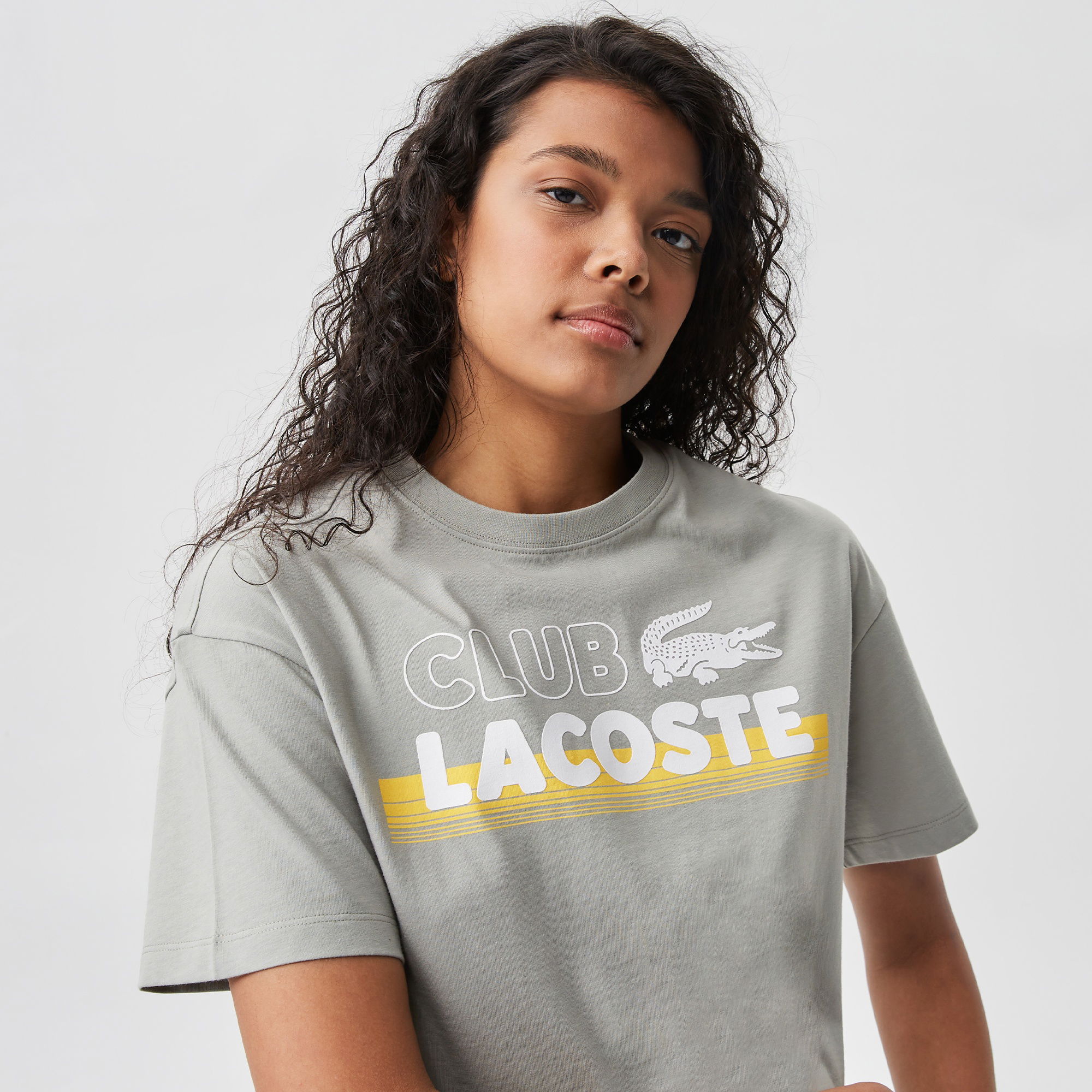 Lacoste Kadın Crop Fit Bisiklet Yaka Baskılı Yeşil T-Shirt