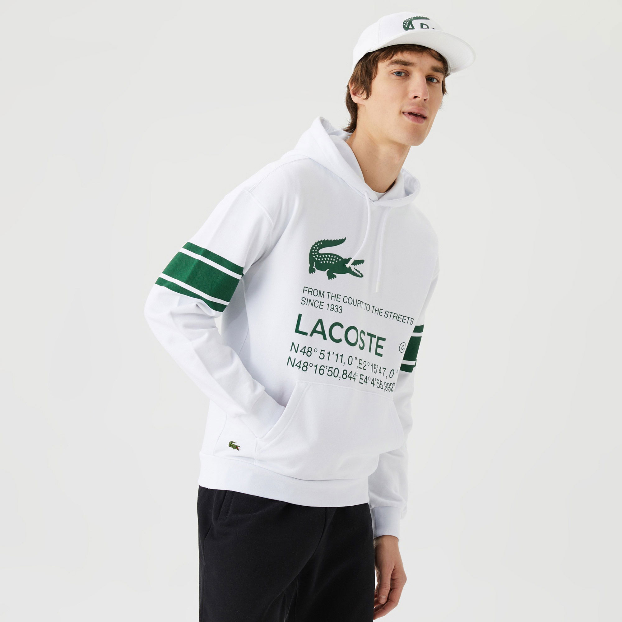 Lacoste Erkek Kapüşonlu Baskılı Beyaz Sweatshirt
