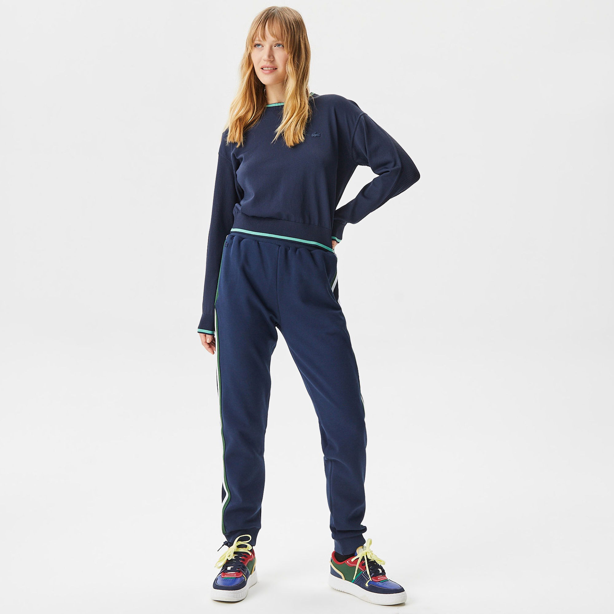 Lacoste Kadın Regular Fit Bisiklet Yaka Çizgili Lacivert Triko