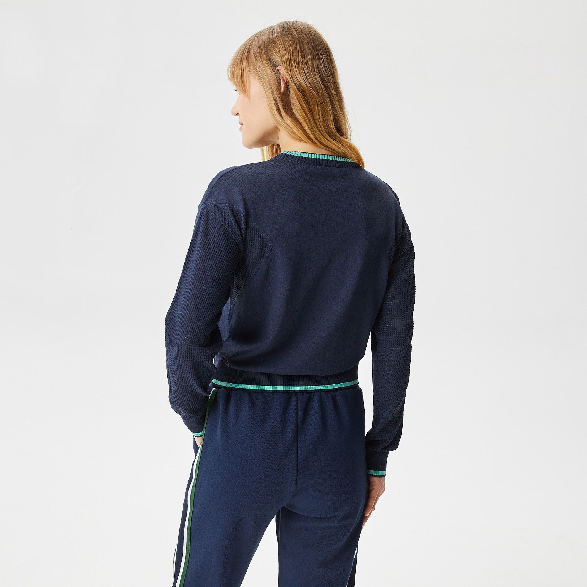 Lacoste Kadın Regular Fit Bisiklet Yaka Çizgili Lacivert Triko