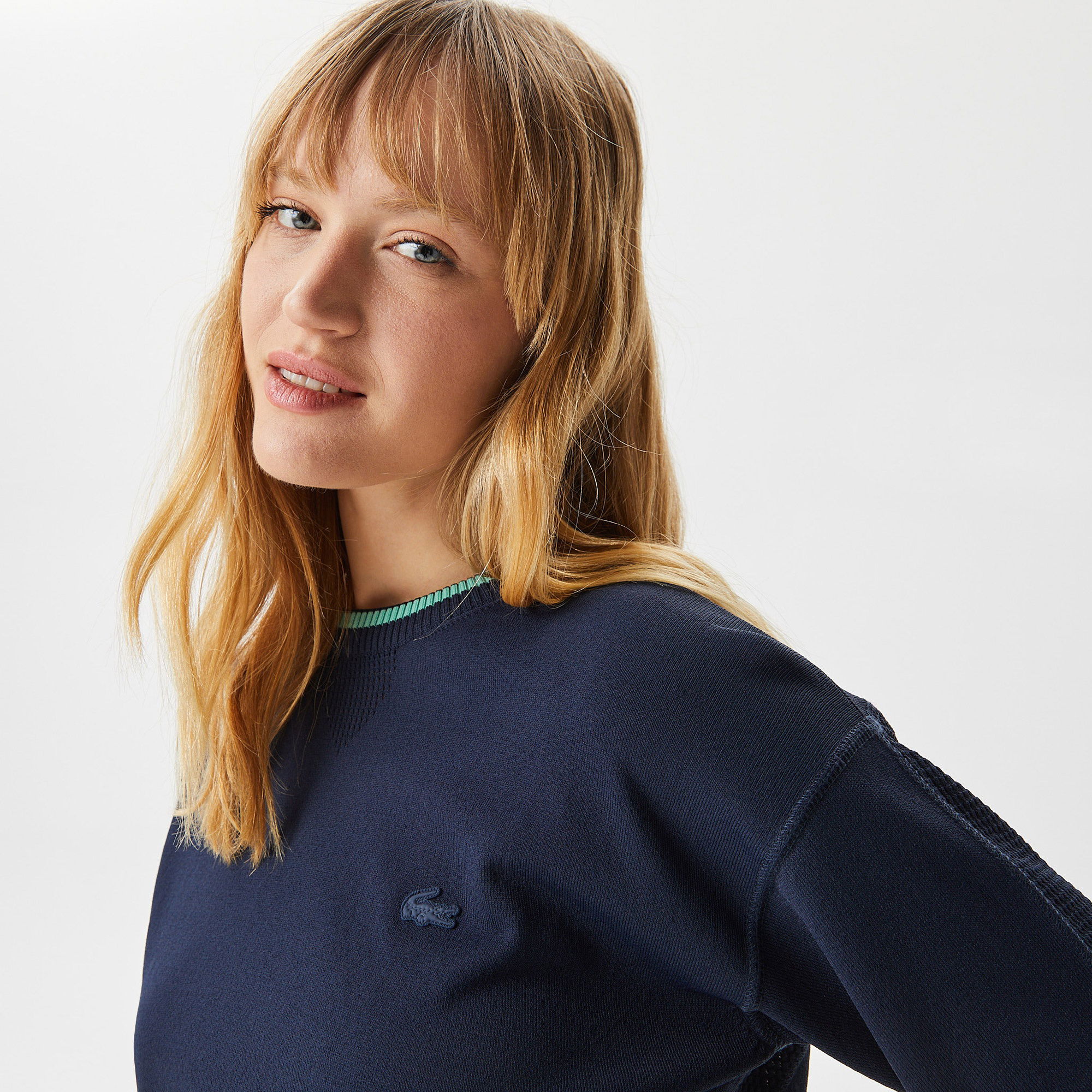 Lacoste Kadın Regular Fit Bisiklet Yaka Çizgili Lacivert Triko