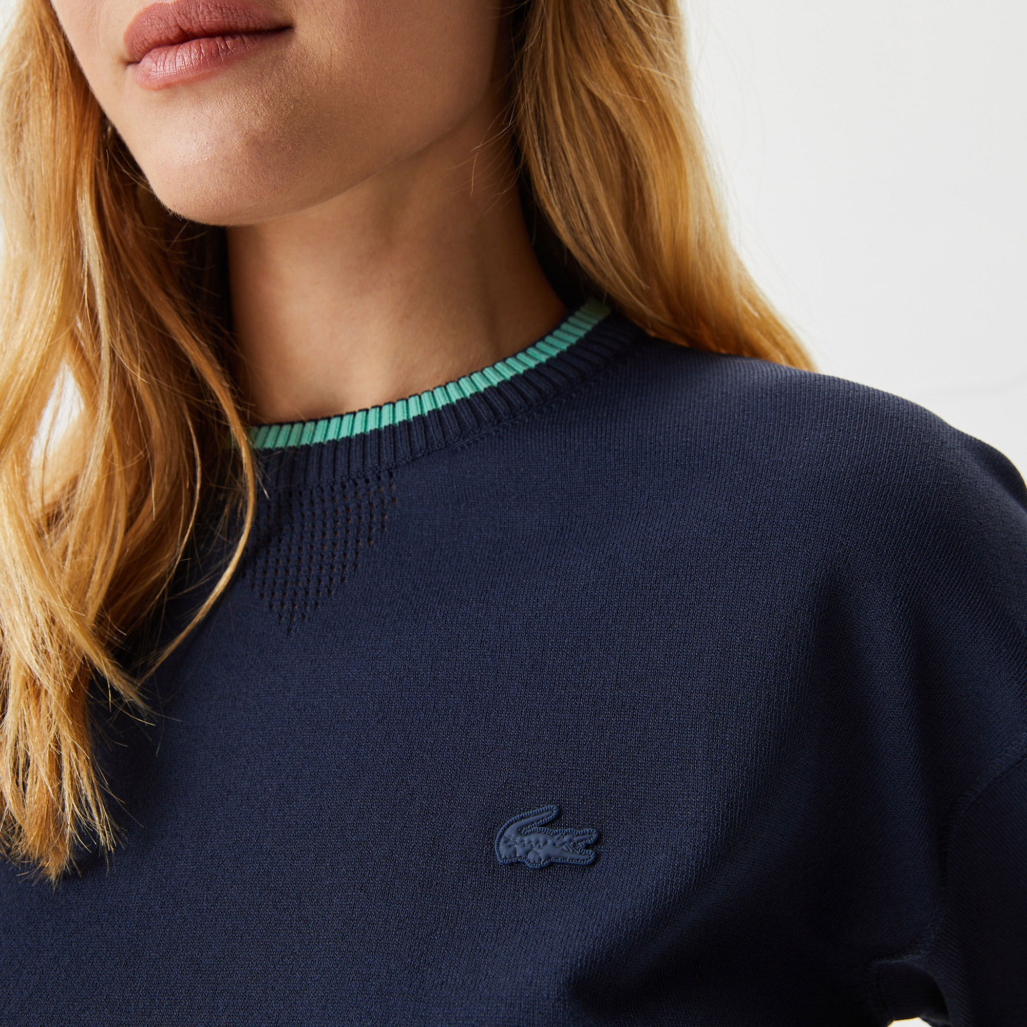 Lacoste Kadın Regular Fit Bisiklet Yaka Çizgili Lacivert Triko