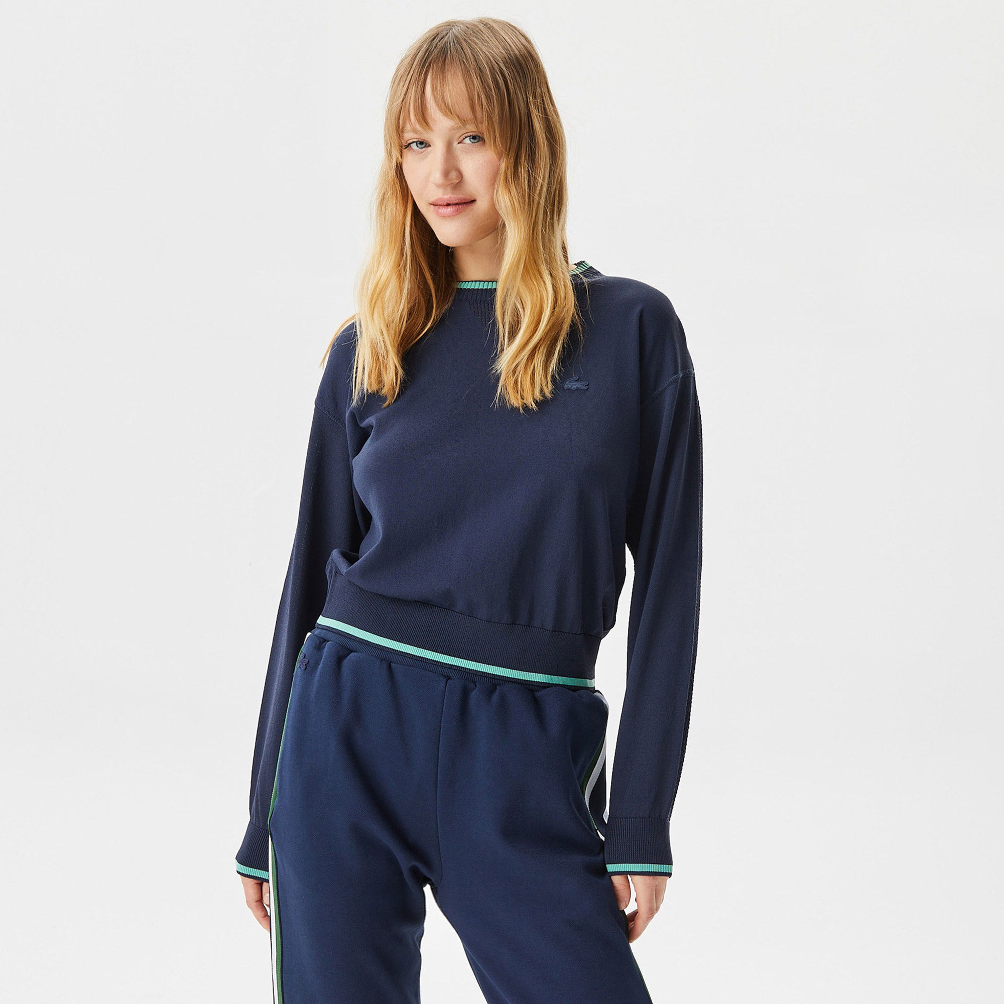 Lacoste Kadın Regular Fit Bisiklet Yaka Çizgili Lacivert Triko