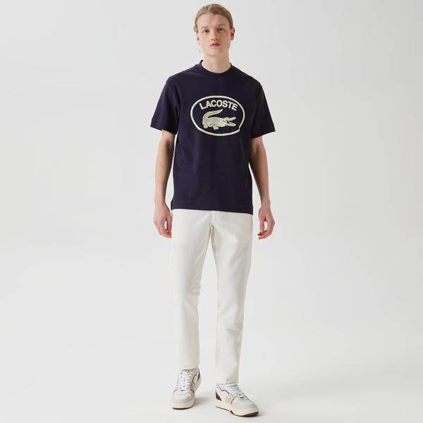 Pánské tričko Lacoste regular fit s potištěným výstřihem v bílé barvě